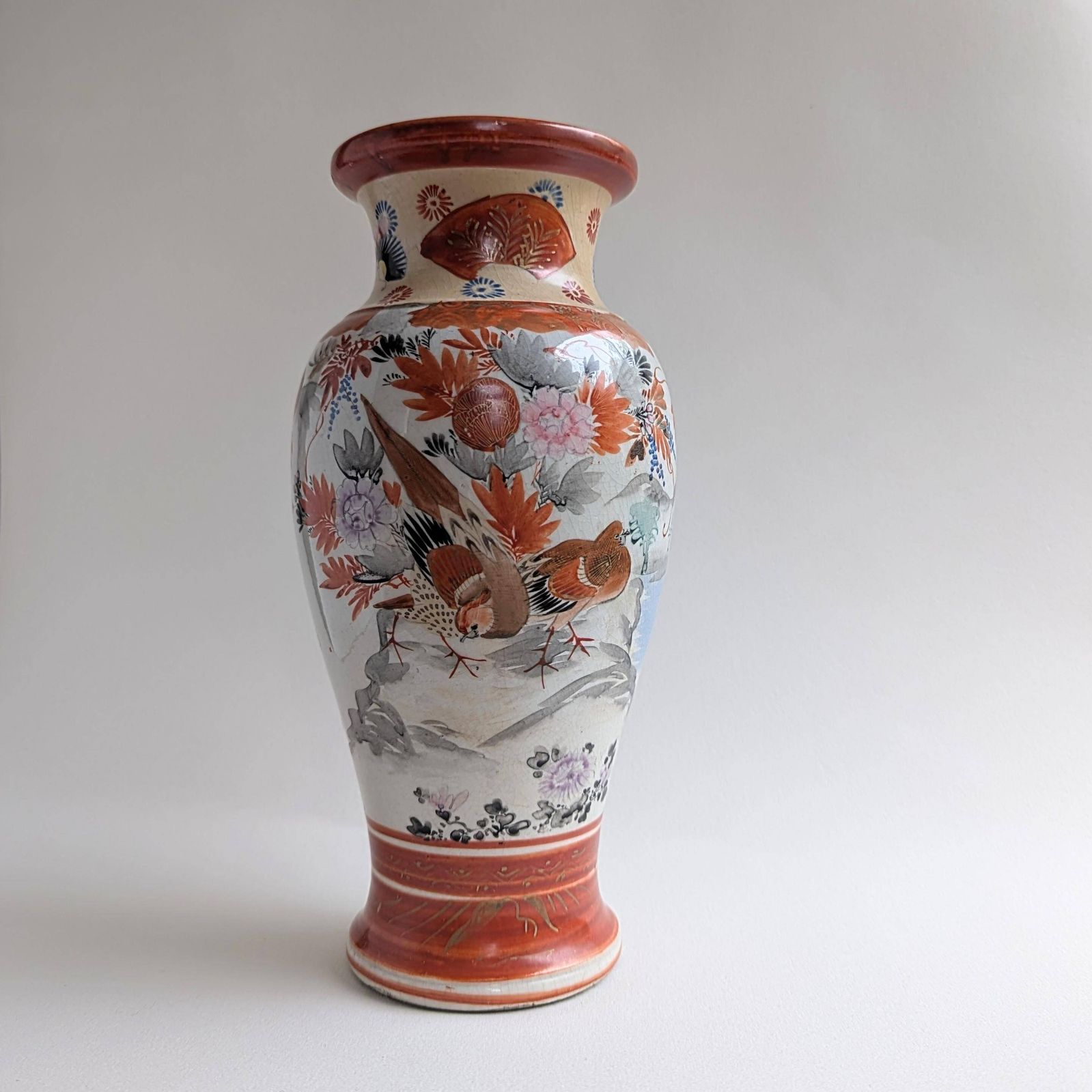 19th Century Red Japanese Meiji Kutani Vase, Hand Painted Gilt Porcelain