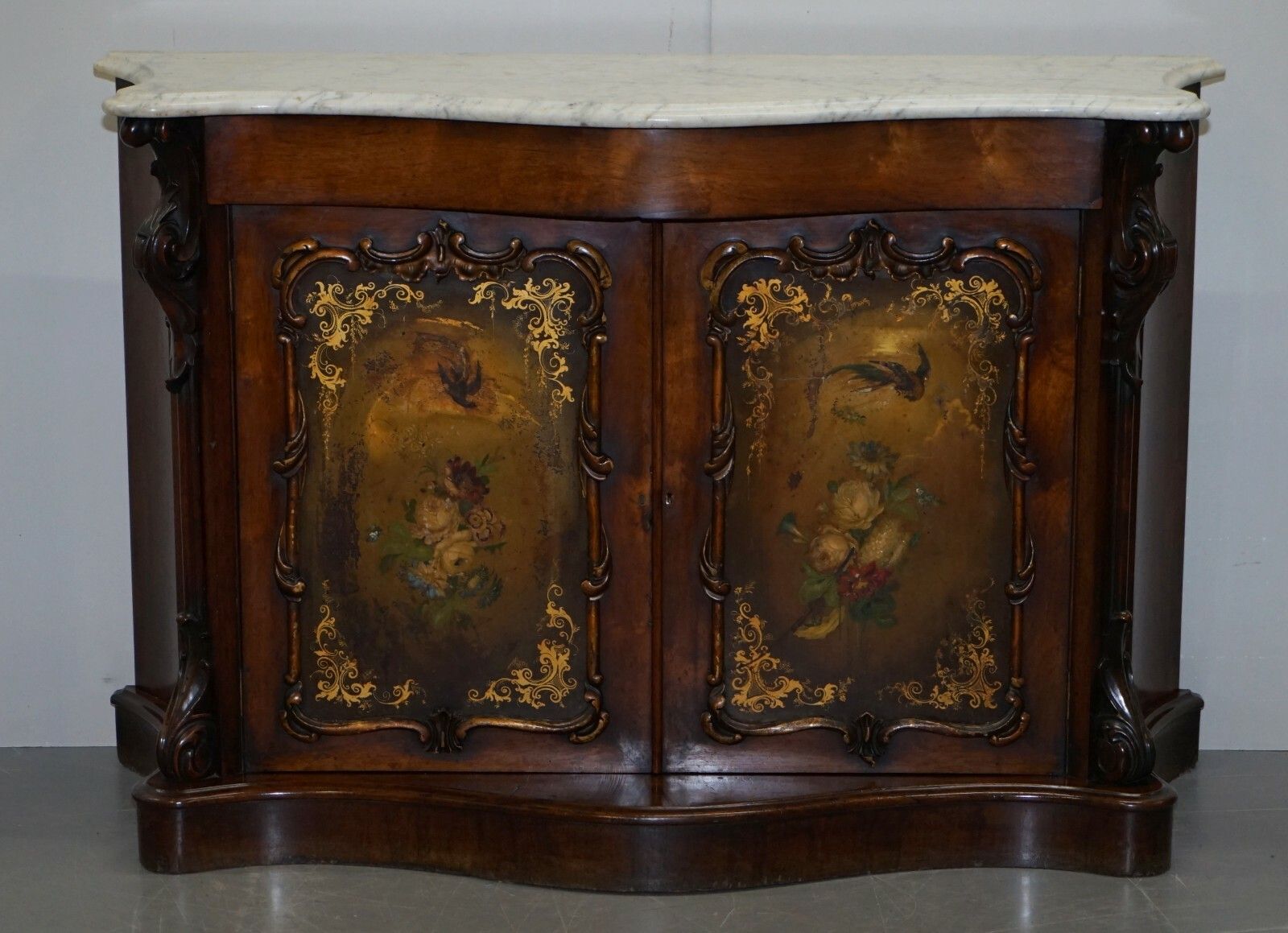 Victorian Marble Topped Serpentine Fronted Verni Martin Painted Carved Sideboard photo furniture