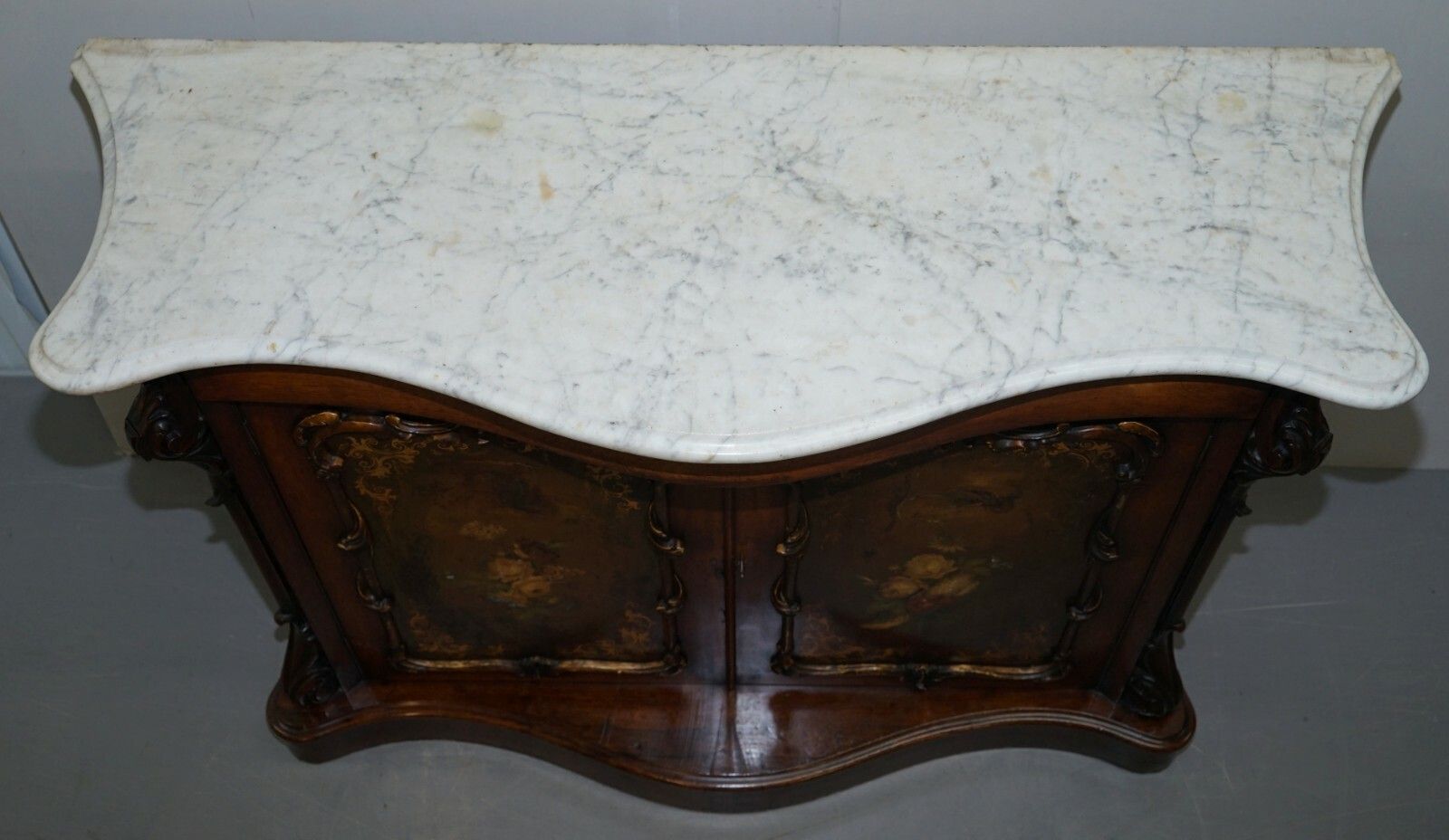 Victorian Marble Topped Serpentine Fronted Verni Martin Painted Carved Sideboard photo for sale