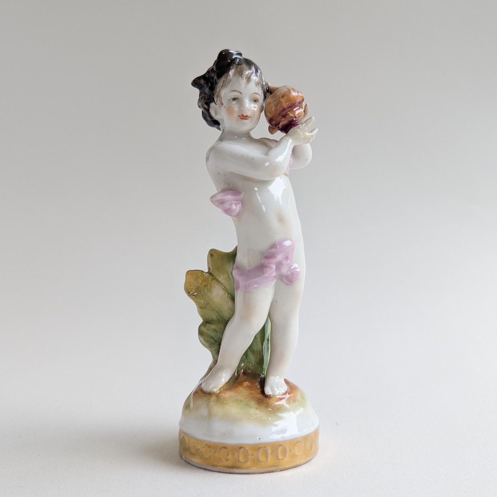 Antique Volkstedt Porcelain Figure Of Cherub With Seashell, Highly Collectable German Putti Figurine
