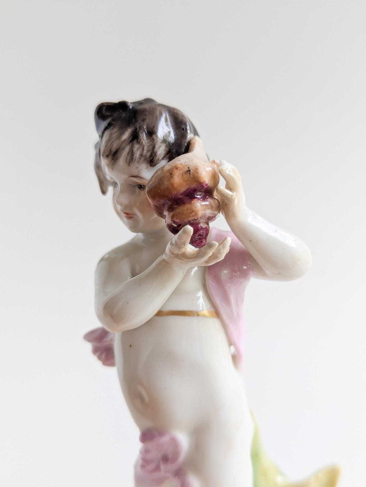 Antique Volkstedt Porcelain Figure Of Cherub With Seashell, Highly Collectable German Putti Figurine photo Home Decor