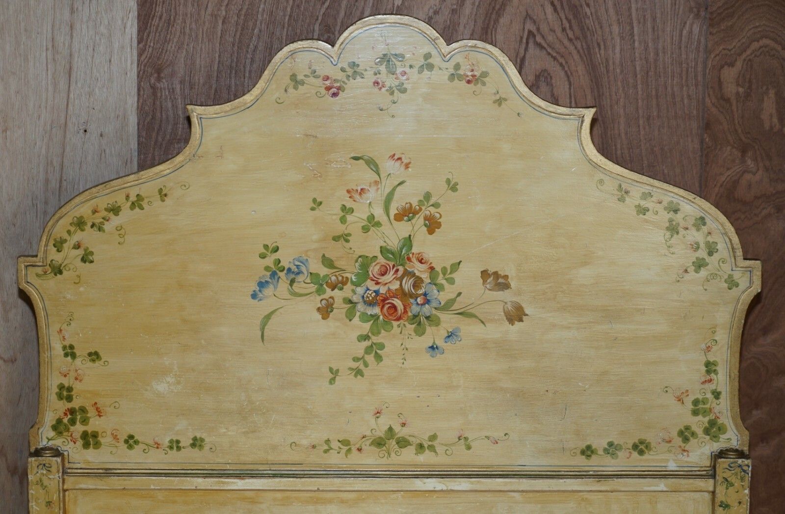 Antique French Hand Painted Ornately Decorated Bed Frame In Oak Pine Slats photo Furniture