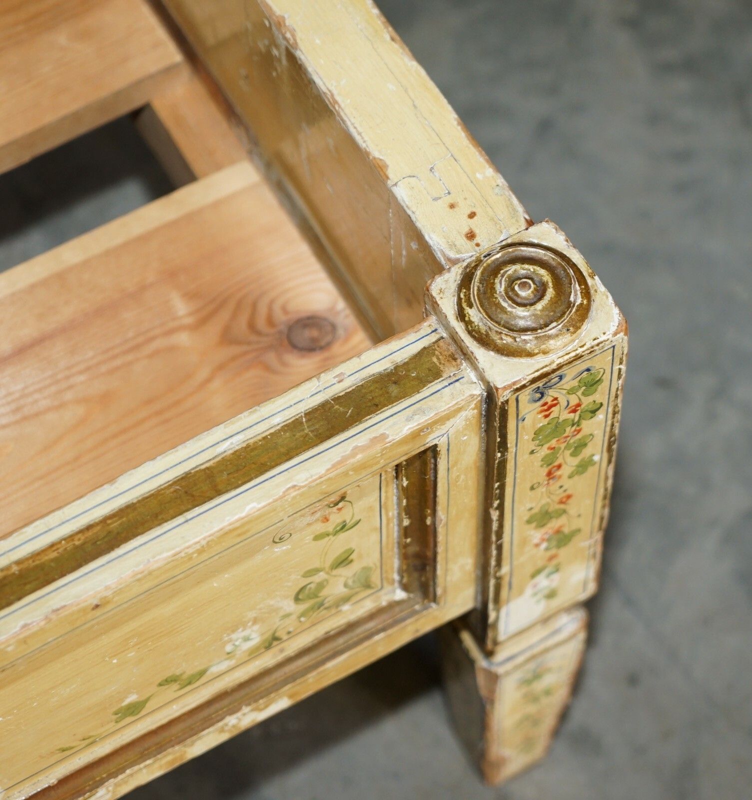 Antique French Hand Painted Ornately Decorated Bed Frame In Oak Pine Slats photo vintage