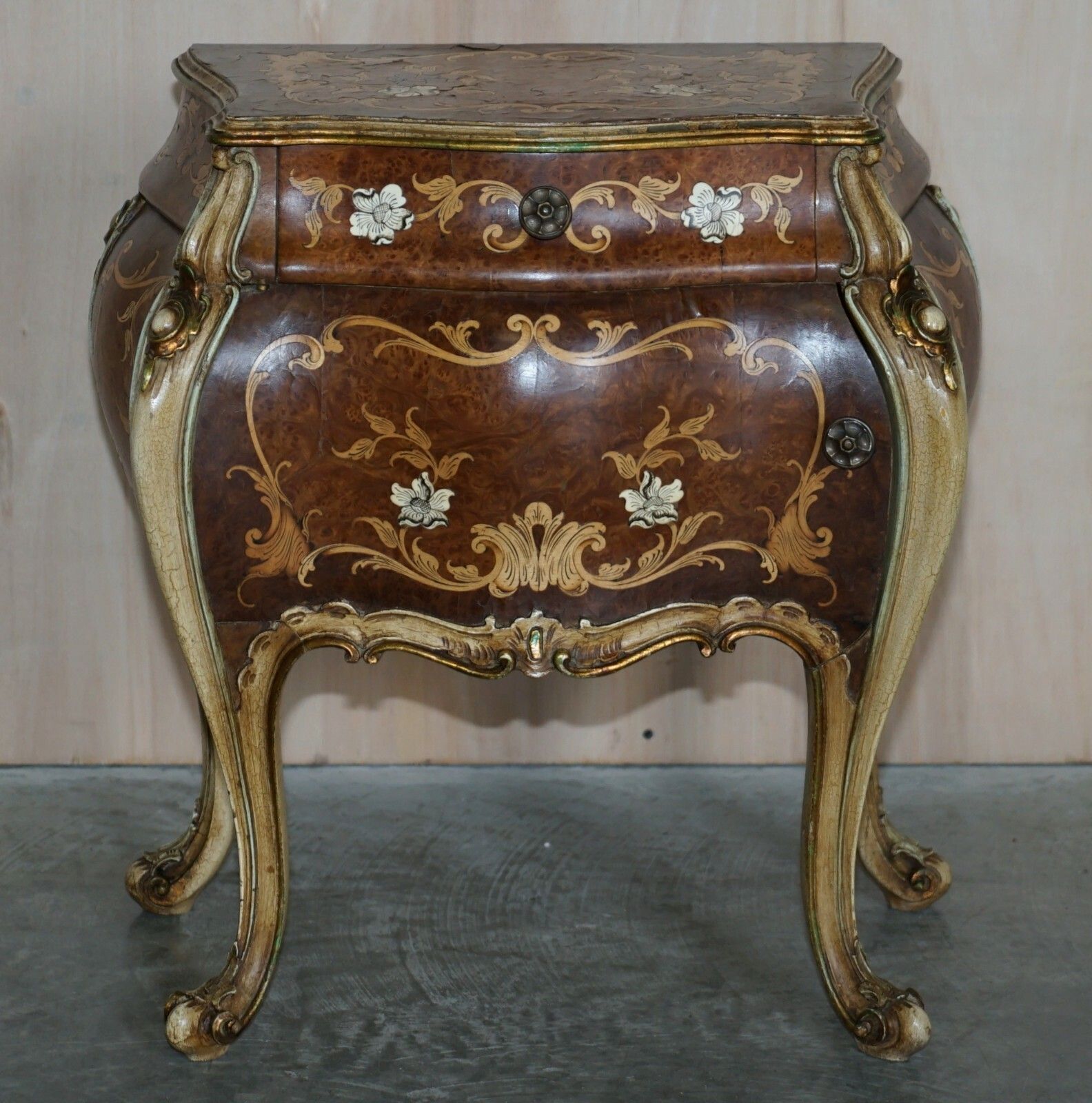 Furniture Fine Pair Of Italian Marquetry Inlaid Burr Walnut Bedside Bombe Chest Of Drawers photo