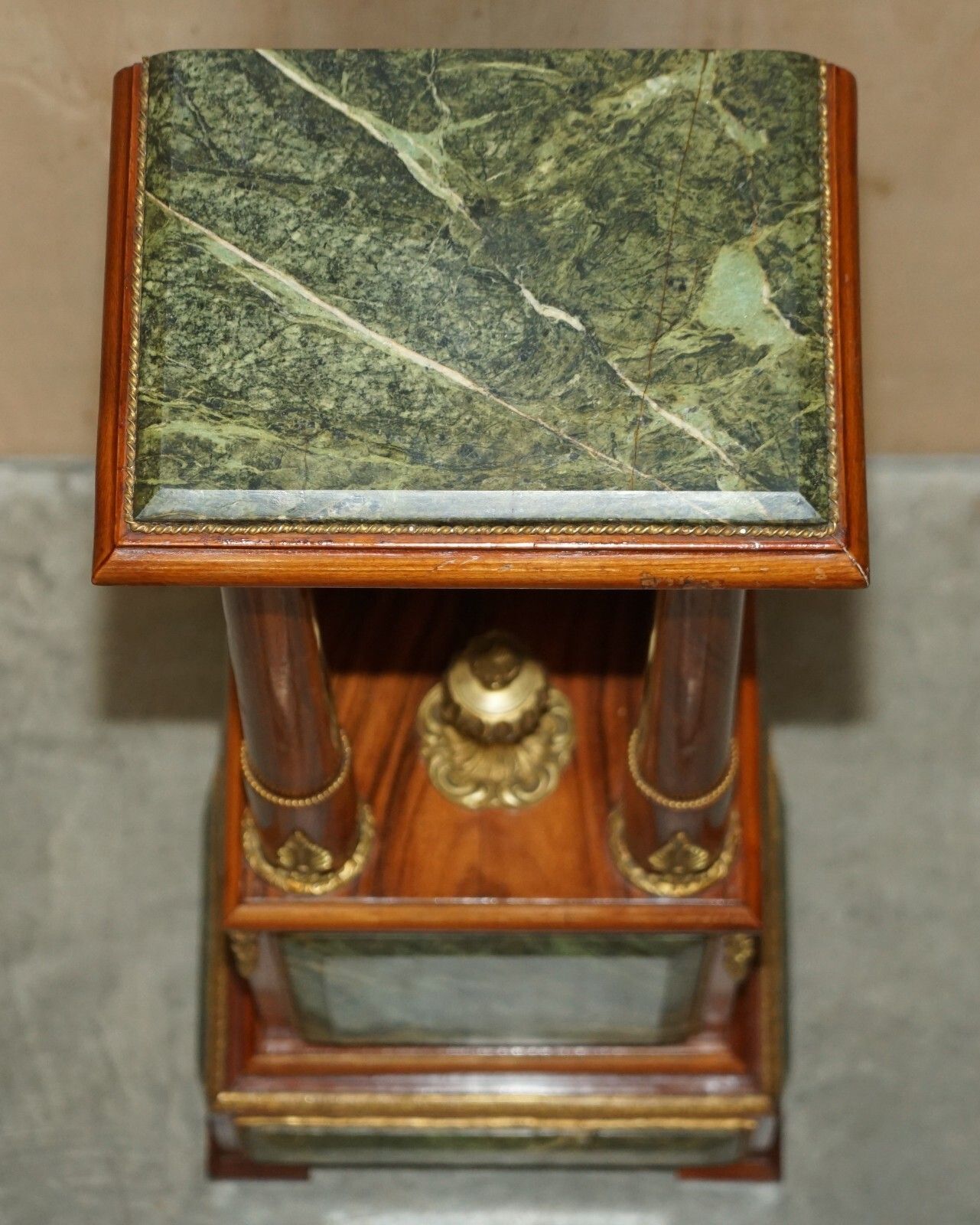 photo for sale Pair Of Antique Gilt Bronze Mounted Walnut Green Marble Topped Pedestal Stands