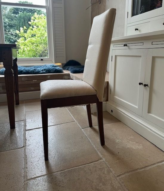 Solid Oak Dining Chairs With Fabric Seat And Back.  Uncovered.  8 Chairs Altogether.  Seat Height 48cm X Back Height 101cm X Depth 45cm X Width 45cm. photo furniture