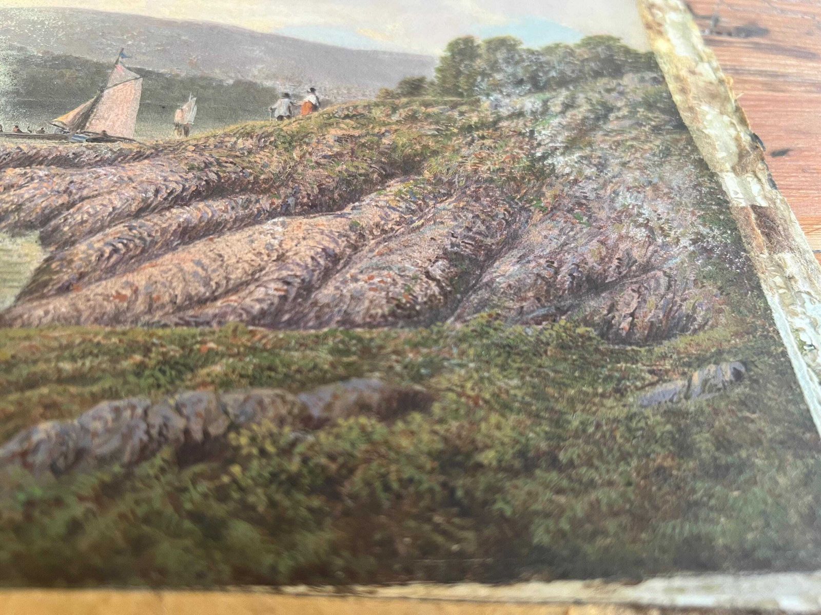 Antique Lake Landscape Oil Painting On Board – Rustic Mountain Scene With Boats & Castle – Vintage Wall Art, 19th Century Original Art photo 75.0