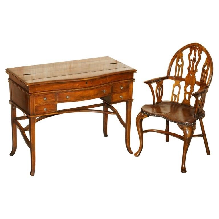 Theodore Alexander Secretaire Desk & Gothic Revival Windsor Brown Leather Chair