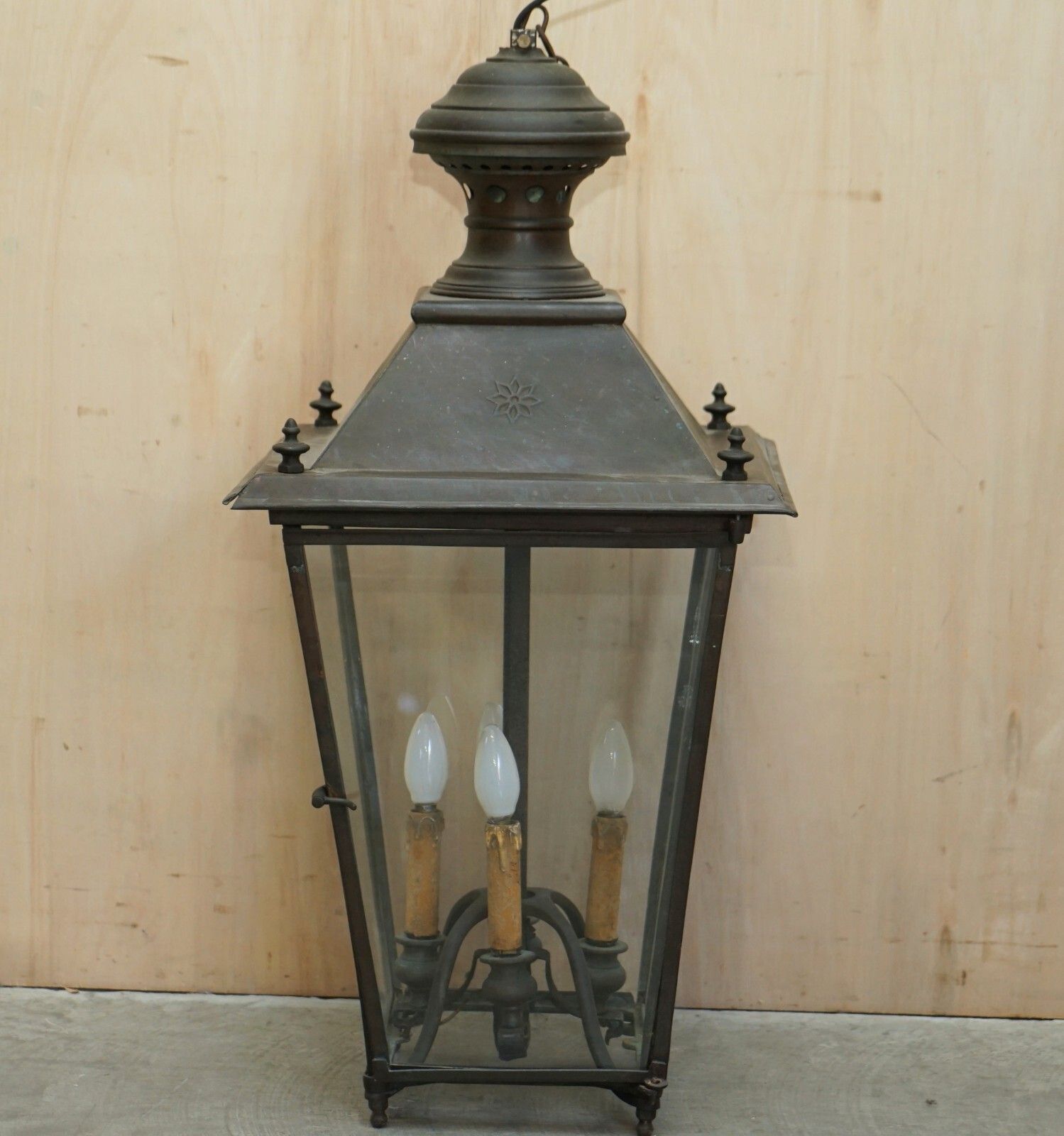 Antique Victorian Bronze Hanging Lantern With Four Candle Interior Must See photo for sale