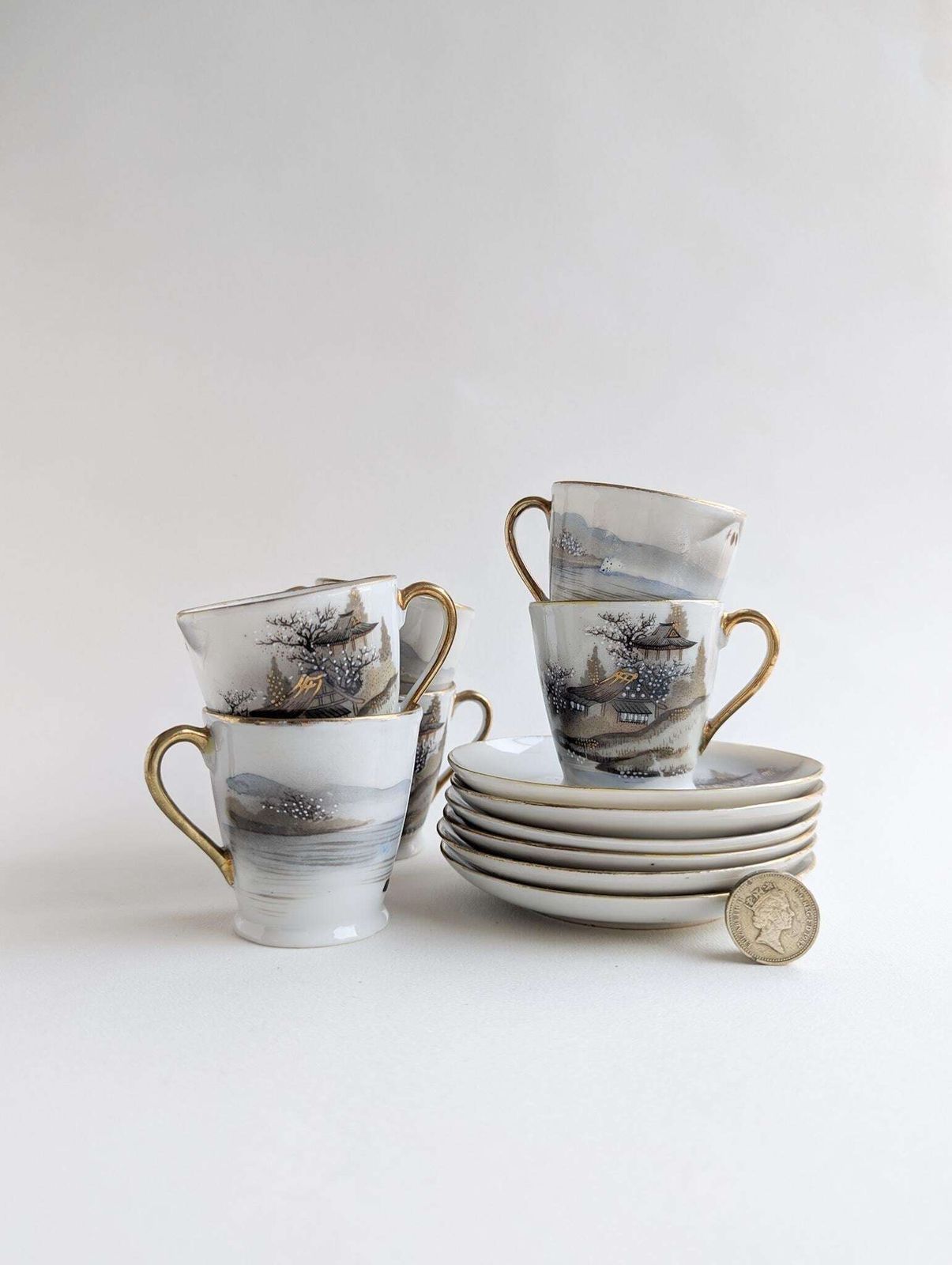 Set Of Six Mid Century Japanese Demitasse Cups And Saucers, Mount Fuji Coffee Cups With Matching Saucers photo furniture