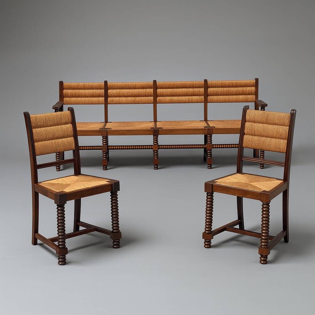 Set Of Benches And 2 Chairs In Solid Oak And Straw, French Work, 1940 photo for sale