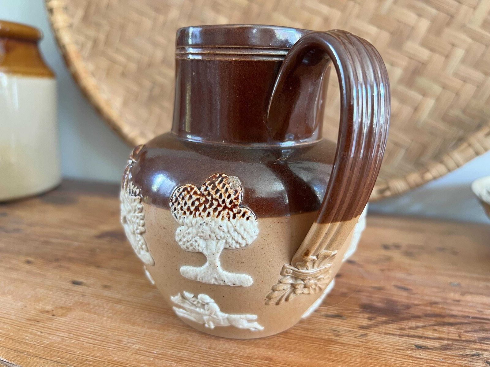 Antique Doulton Lambeth Stoneware Pitcher   Impressed Relief Scene Jug   Brown & Tan Salt Glaze Jug   English Pottery   Harvest Scene photo Home Decor