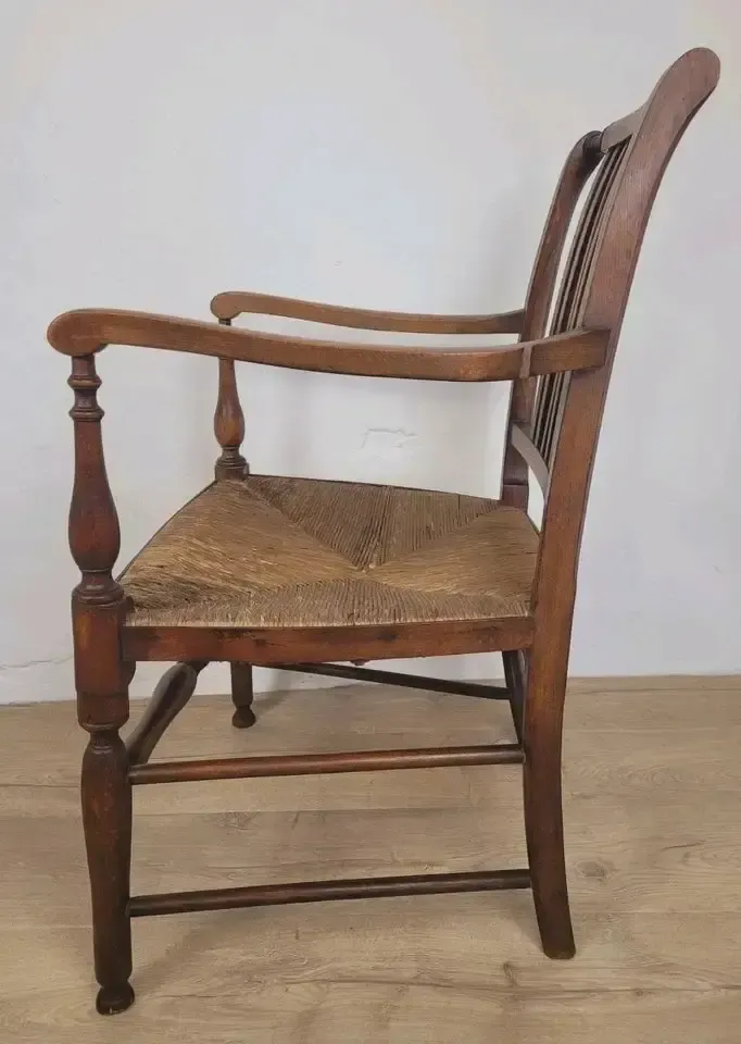 180.0 19th Century Armchair Ash & Elm Country Rush Seat Antique Postage Available photo