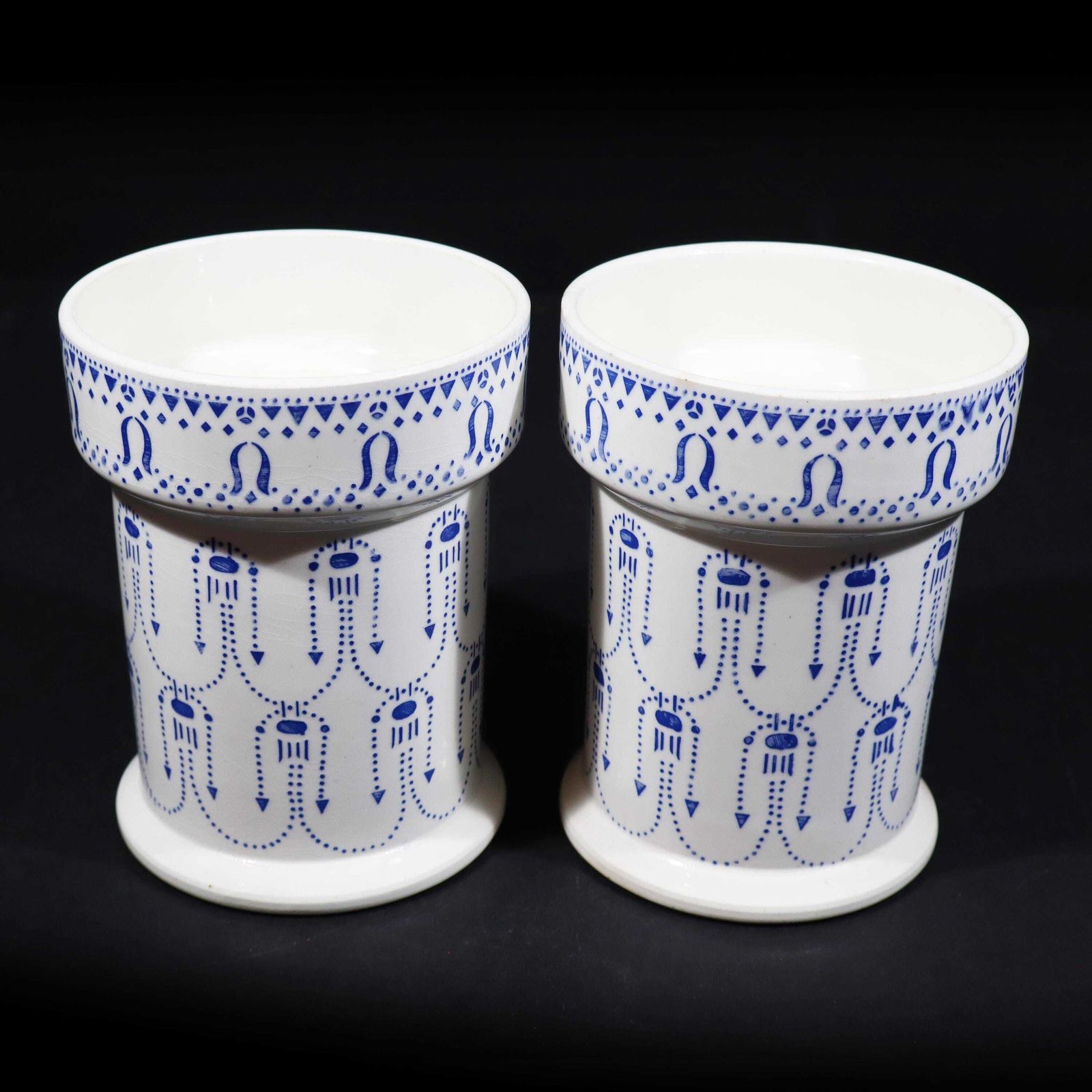 Art Deco Ironstone Storage Jar Set Of 2 French White And Blue Canisters Ceramic Utensil Holder photo buy