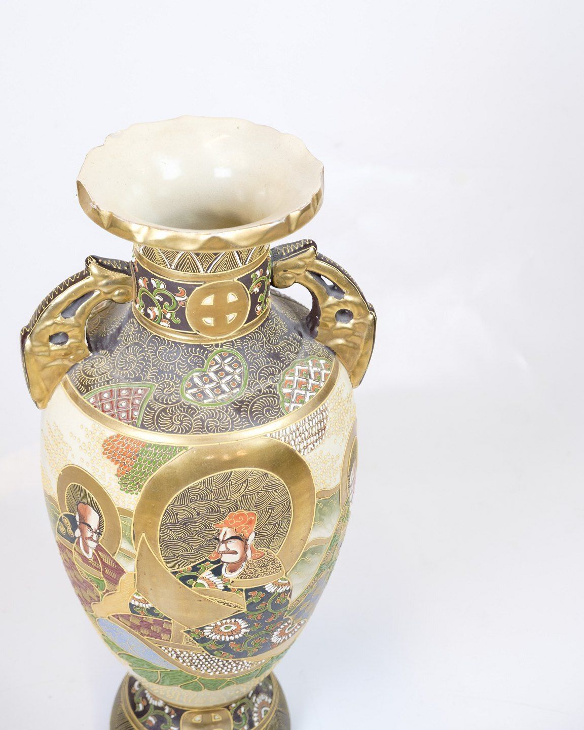 Japanese Satsuma Vase – Meiji Period Style – Ivory Glaze With Crackle Finish – Hand Painted Figures & Ornaments photo Home Decor