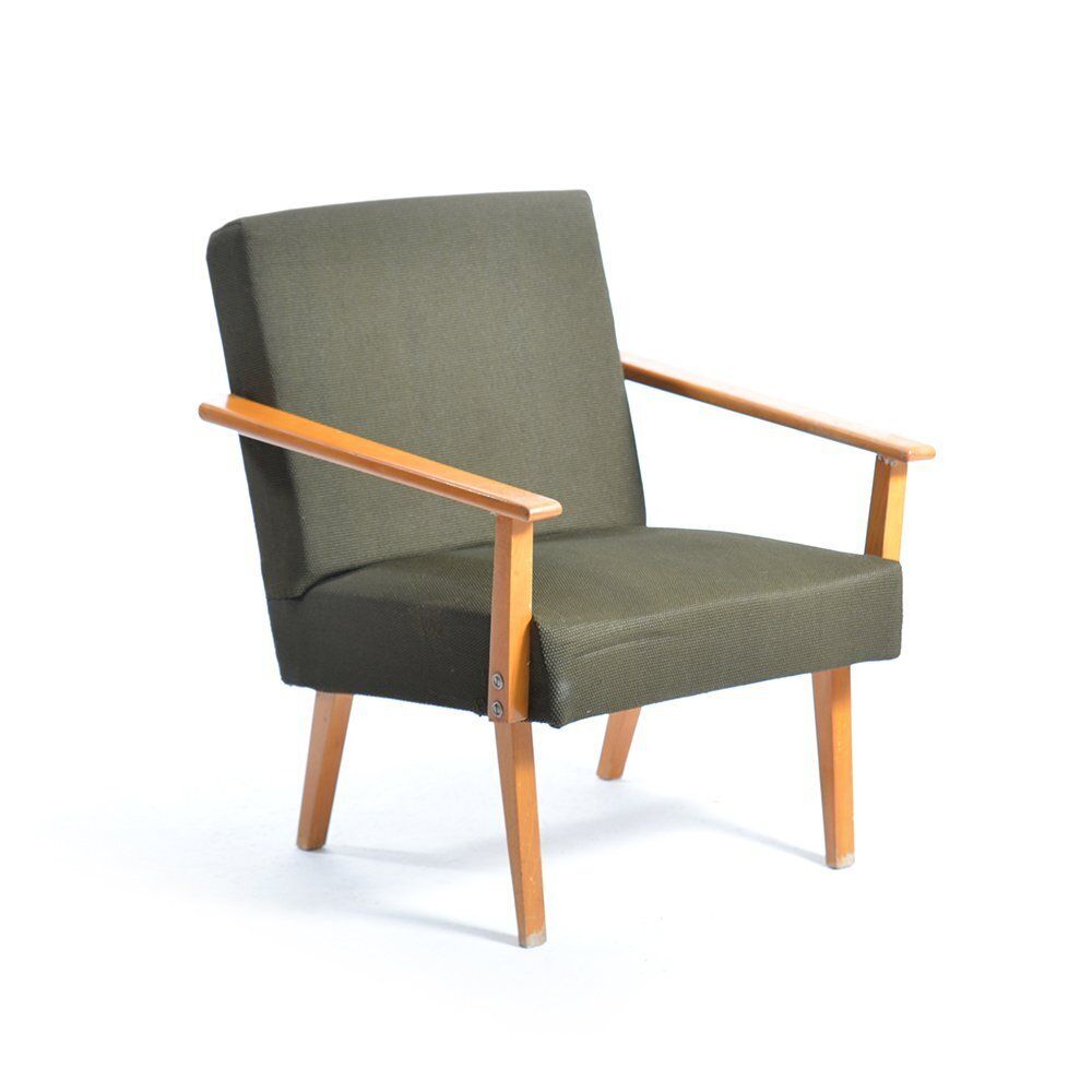 Mid Century Amrchair In Green Fabric & Beech Wood By Jitona, Czechoslovakia 1960s