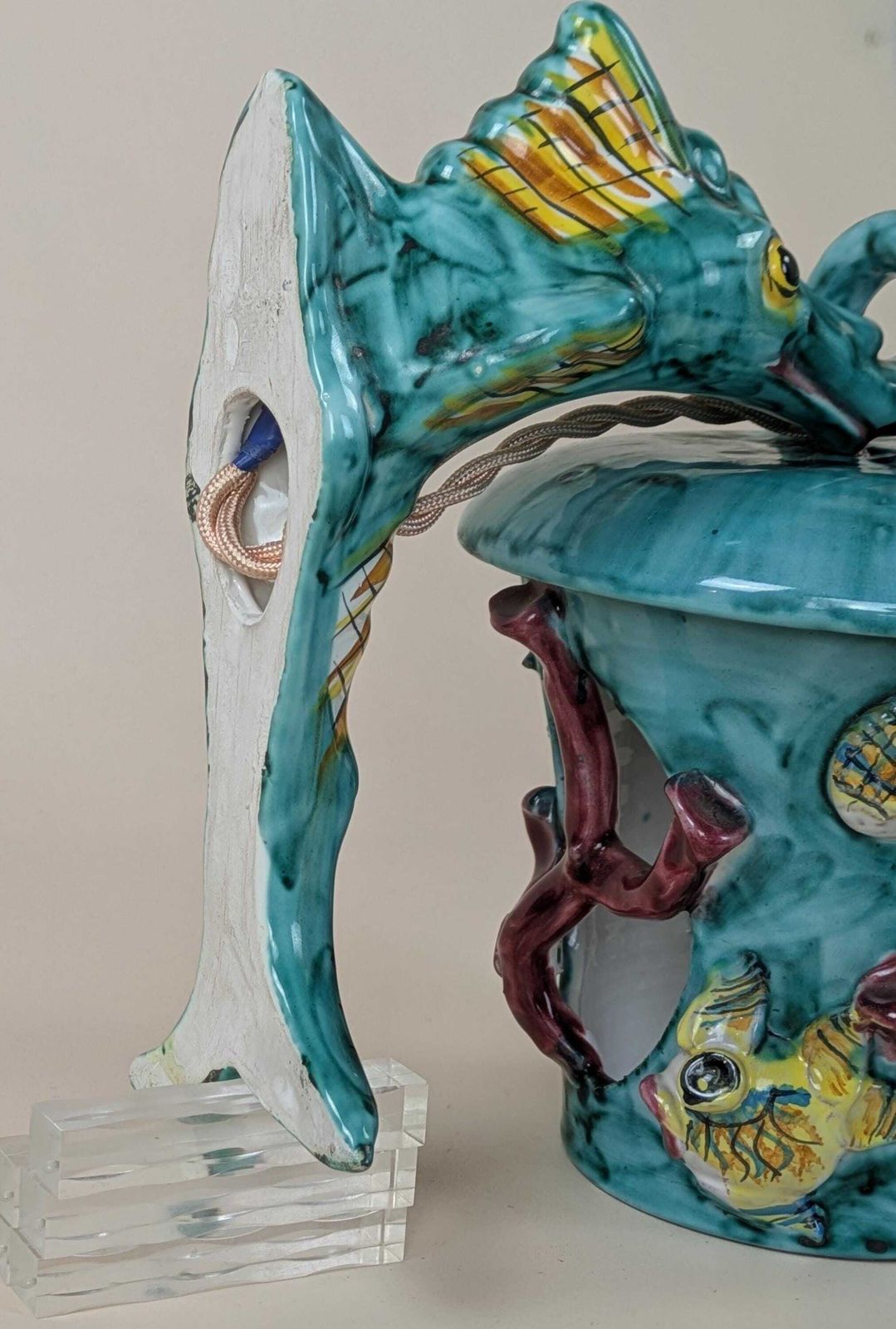 Vintage Ceramic Seahorse Wall Sconce, Turquoise & Yellow Glaze Seashell And Coral Whimsical Hanging Wall Lighting, Nautical Decor Light photo Lighting