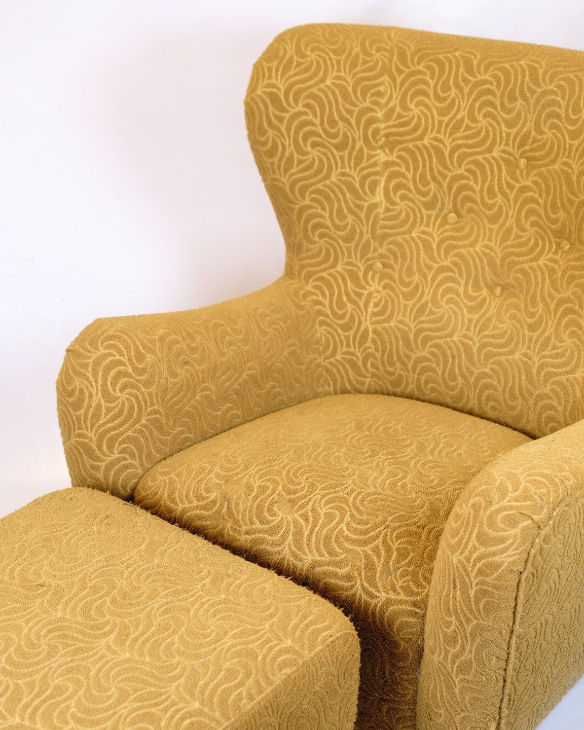 Armchair   Upholstered   Patterned Yellow Fabric   Black Legs   Danish Design   1940s Style photo furniture