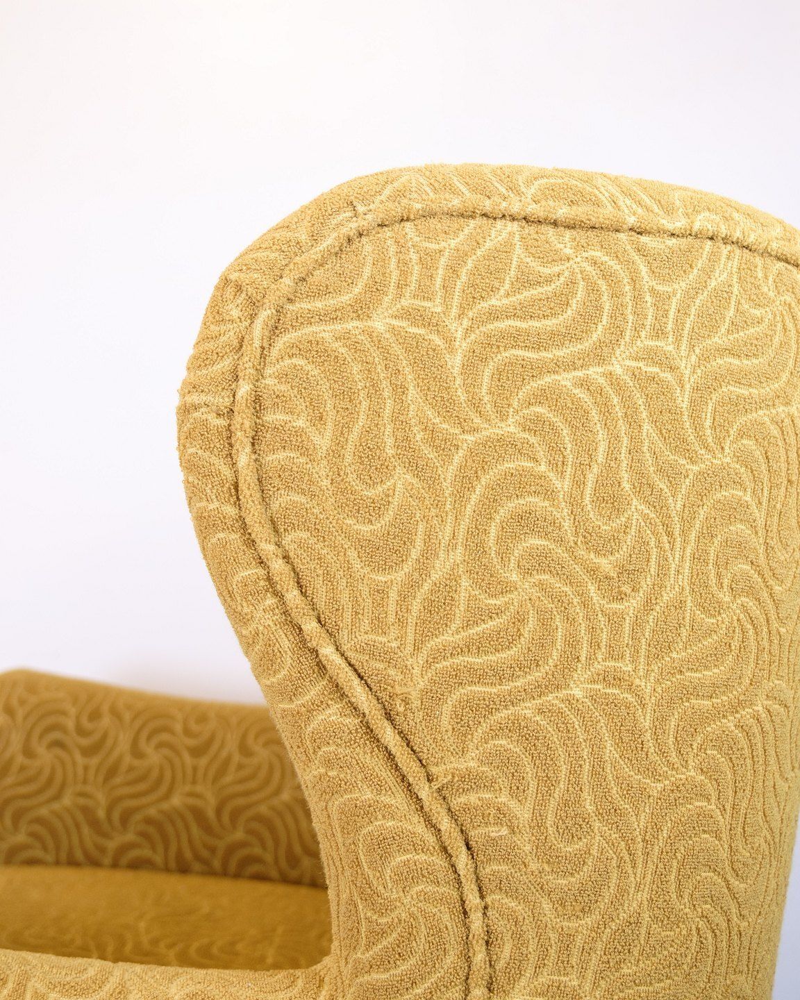 Armchair   Upholstered   Patterned Yellow Fabric   Black Legs   Danish Design   1940s Style photo Furniture