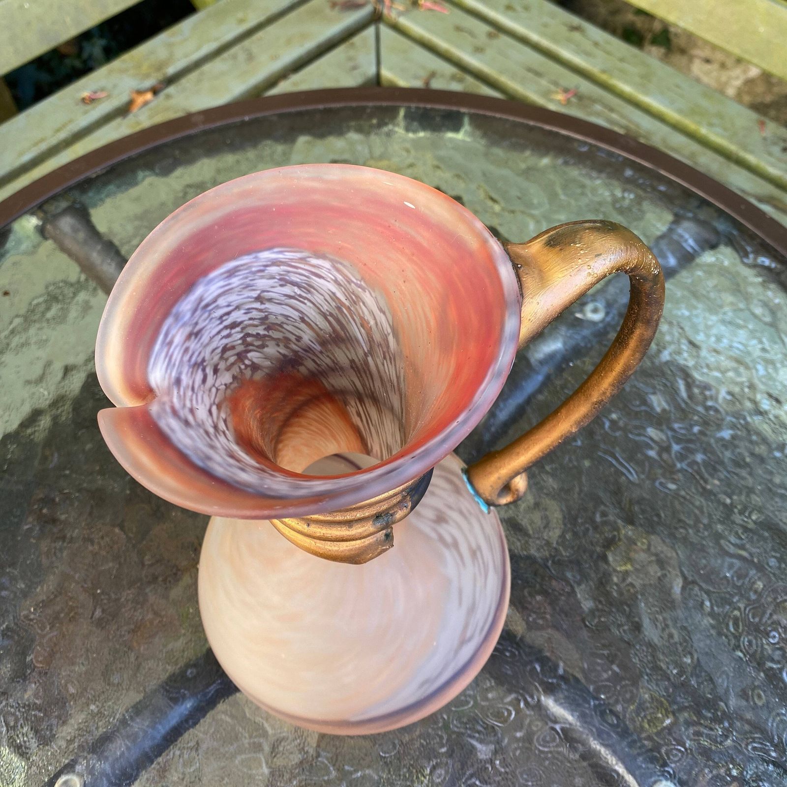 Unique Filip Ravert Art Glass Jug/Ewer/Vase With Copper/Bronze Organic Overlay photo for sale