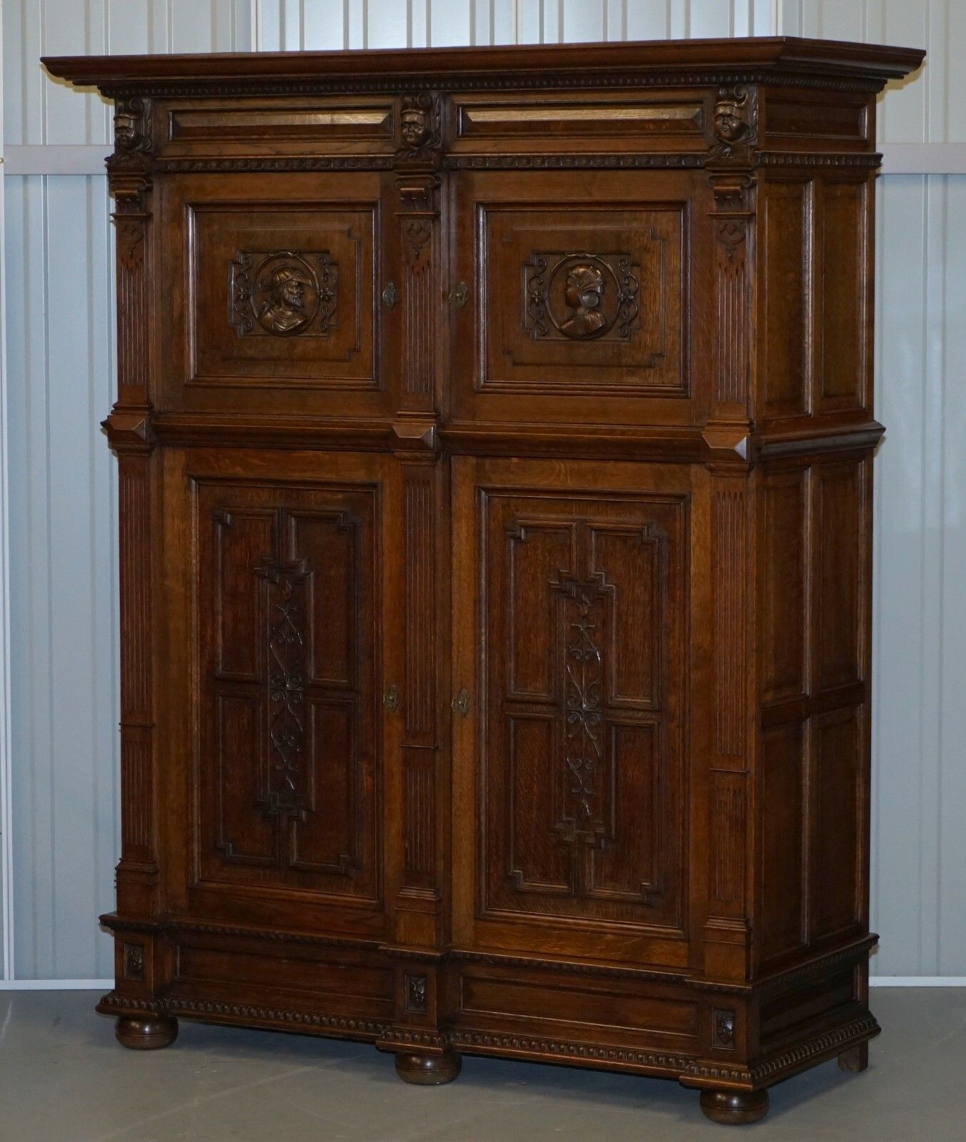 Rare Dutch Stunning 1940's Ornately Hand Carved Cupboard Part Large Office Suite photo for sale
