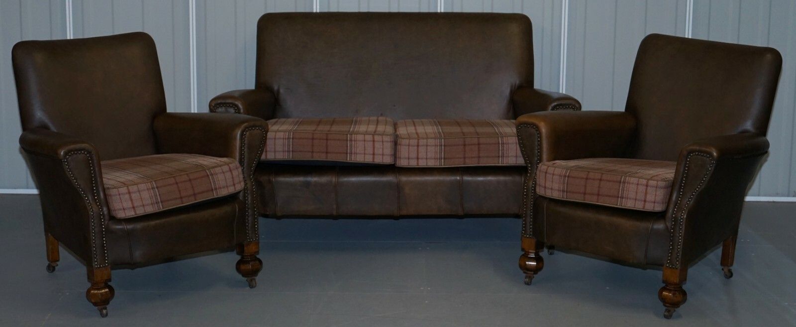 Edwardian Walnut Brown Leather Three Piece Sofa, Armchairs Suite Tartan Cushions photo furniture