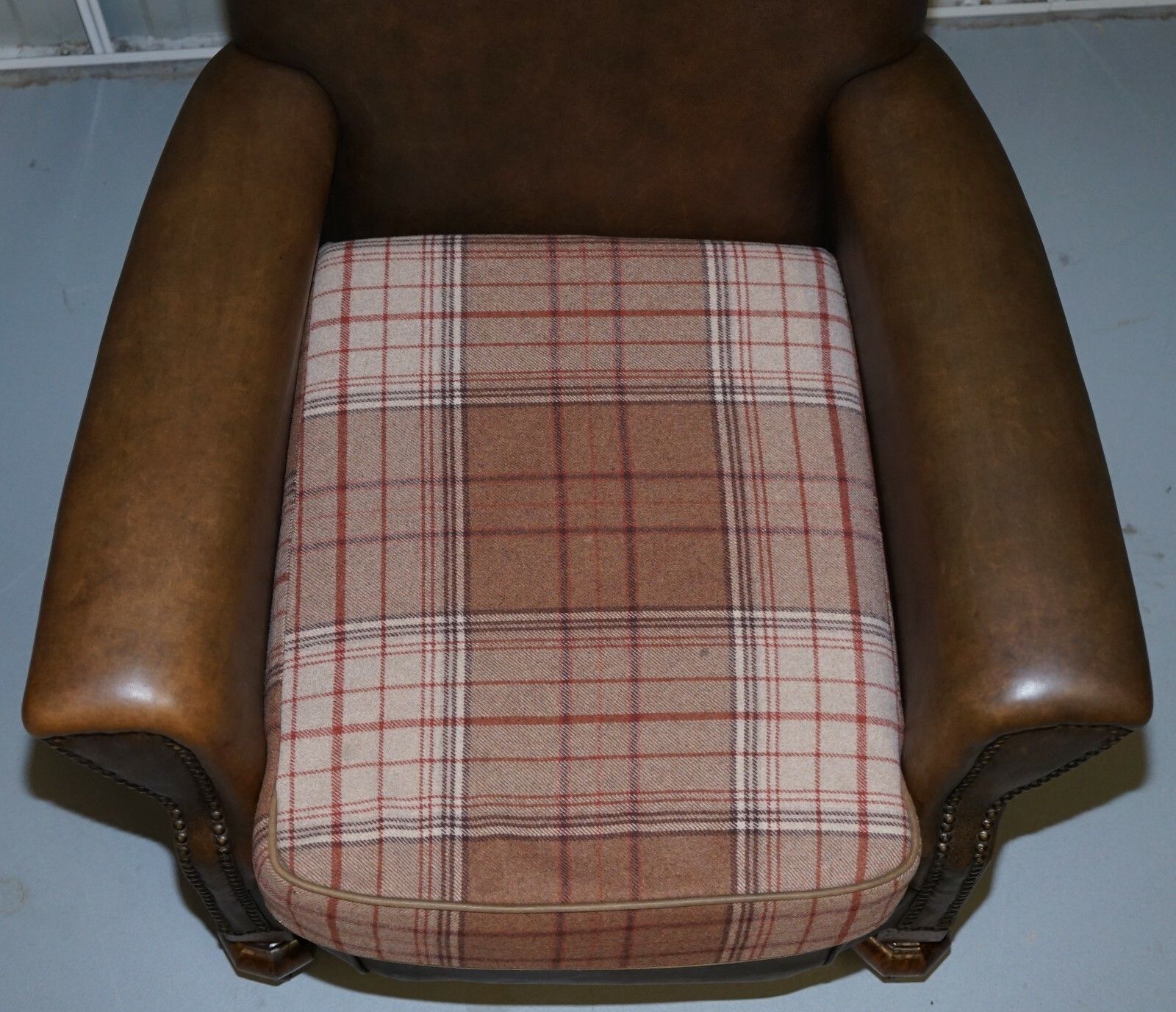 Furniture Edwardian Walnut Brown Leather Three Piece Sofa, Armchairs Suite Tartan Cushions photo
