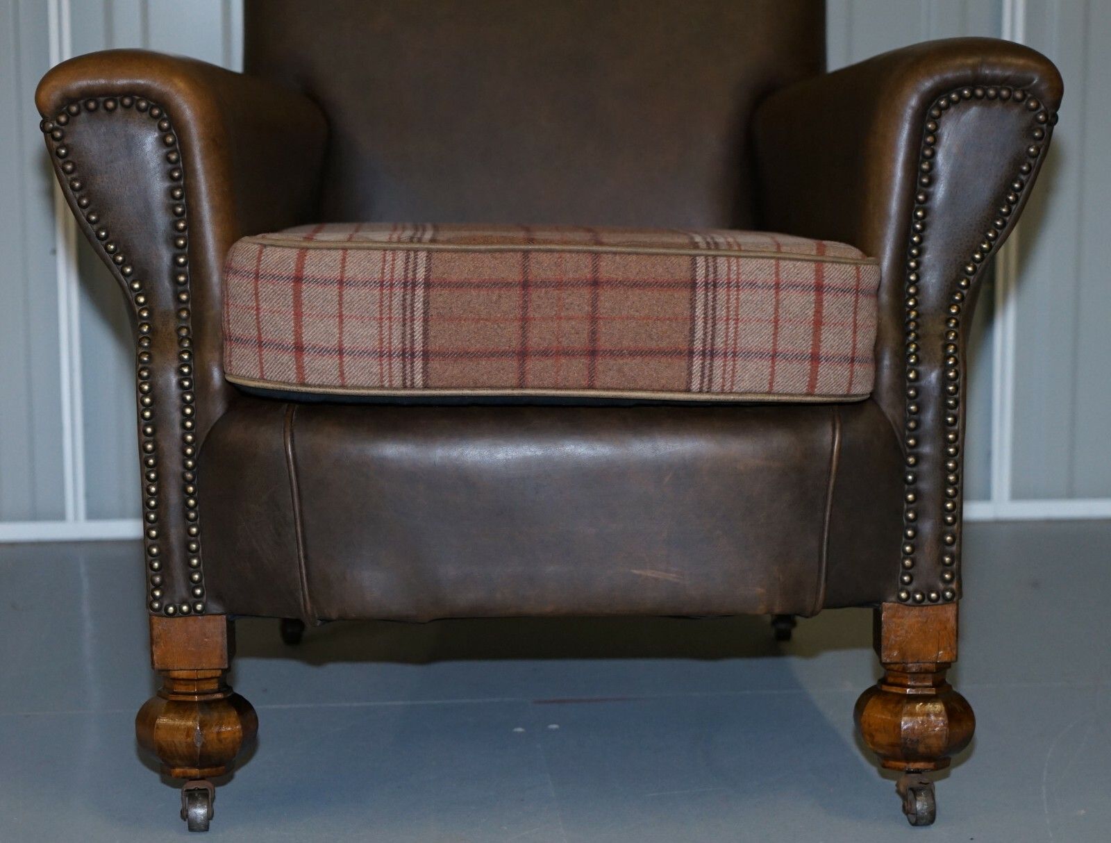 2850.0 Edwardian Walnut Brown Leather Three Piece Sofa, Armchairs Suite Tartan Cushions photo