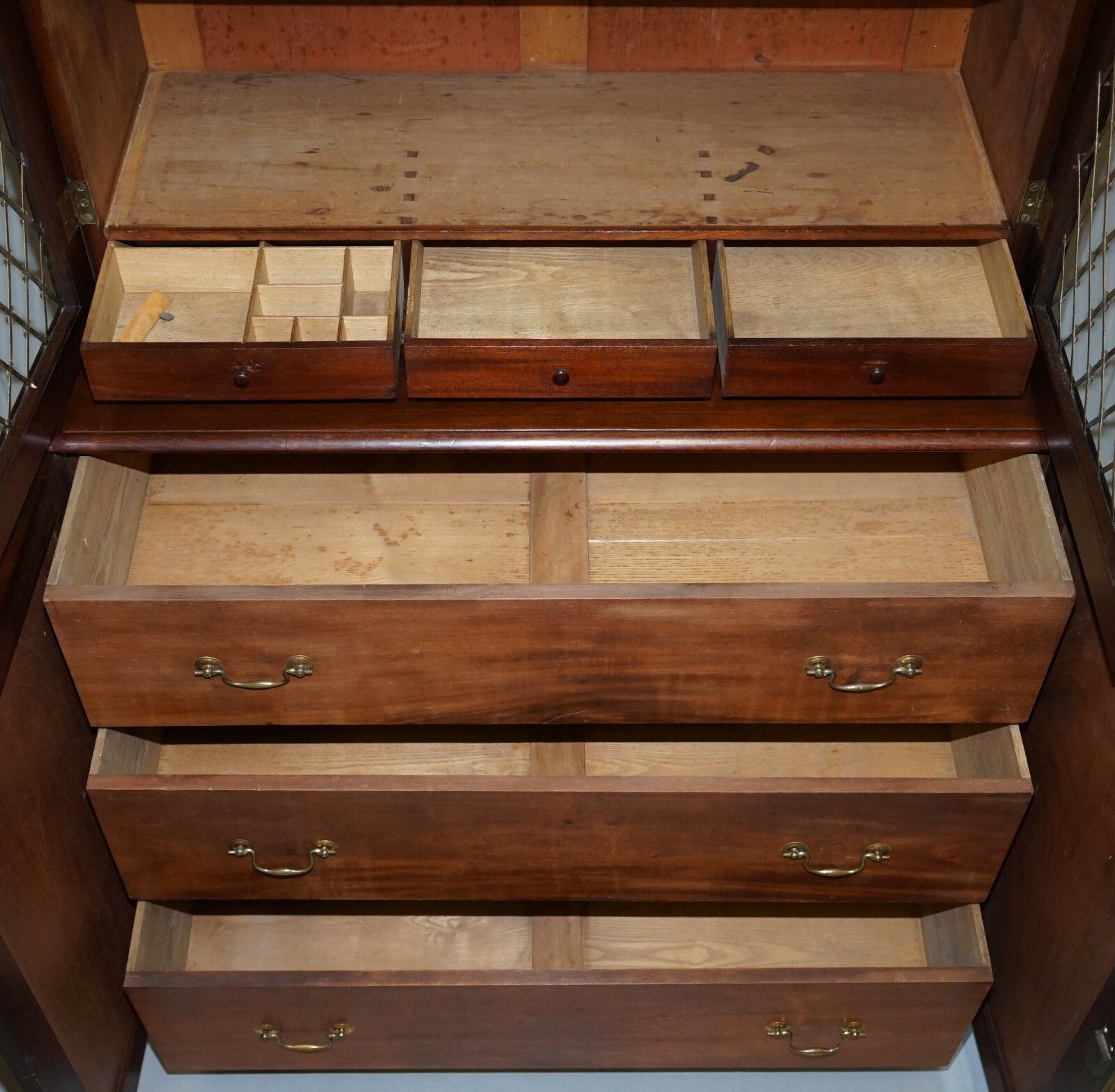 photo for sale Rare 19th Century Mahogany Pierced Bronzed Door Bookcase With Chest Of Drawers