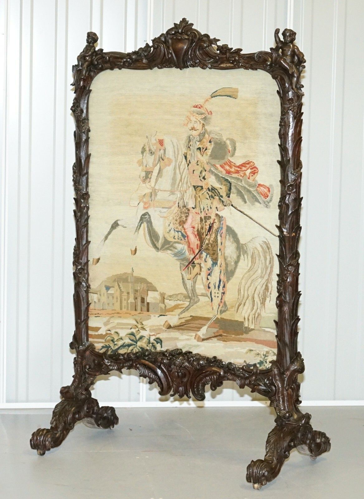 Georgian Circa 1800 Carved Wood Fireplace Screen Original Tapestry Cherubs Putti photo for sale
