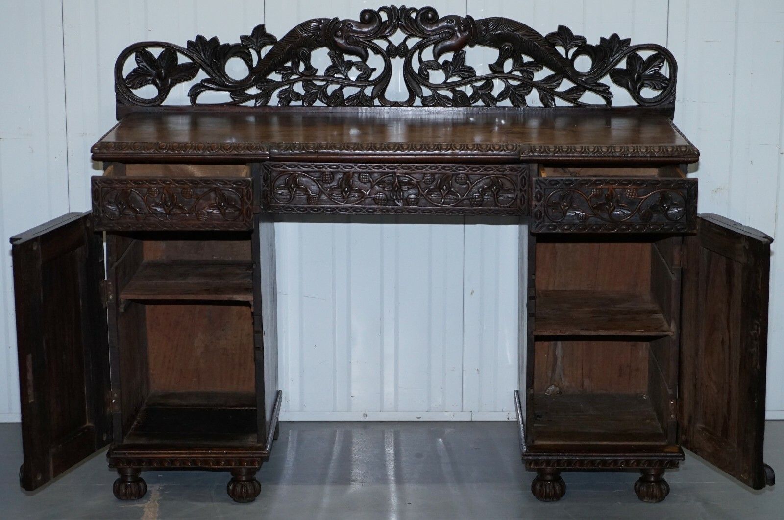 photo for sale Lovely Anglo Burmese 19th Century Hand Carved Sideboard With Drawers & Cupboards