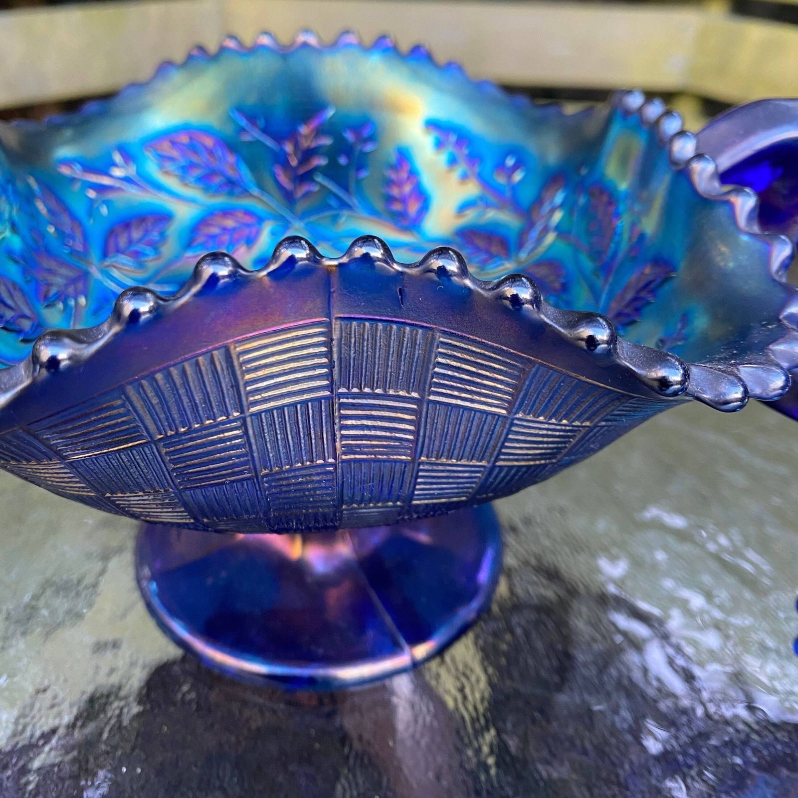 Pair Of Vintage Iridescent Blue Bon Bon Dishes With Foot And 2 Handles photo Home Decor
