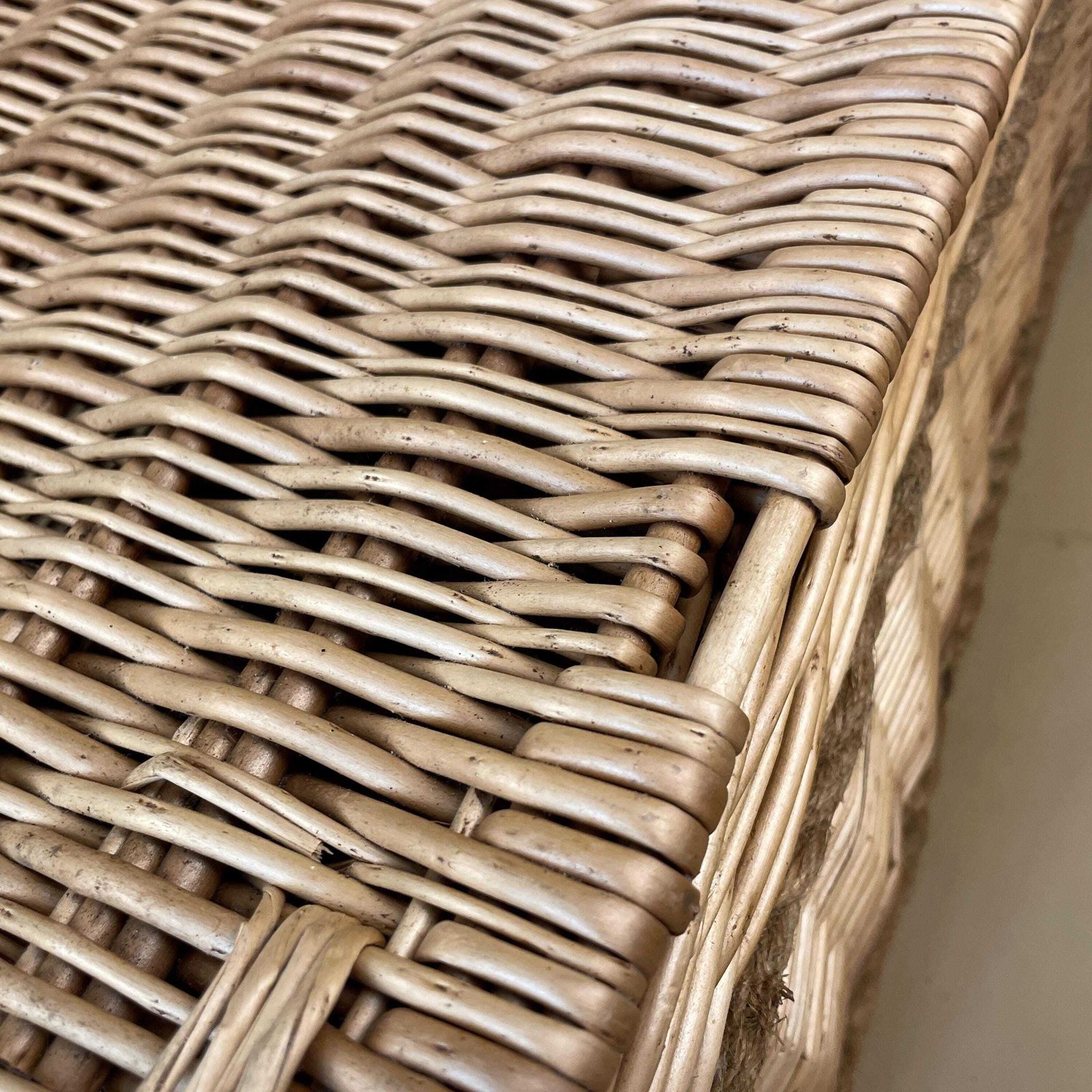 Vintage Rectangle Basket Woven Wicker Brown Storage Brown Cottage Farmhouse Toy Lidded Picnic Lid Rope Detail Antique Toys Log Logs Hamper photo vintage