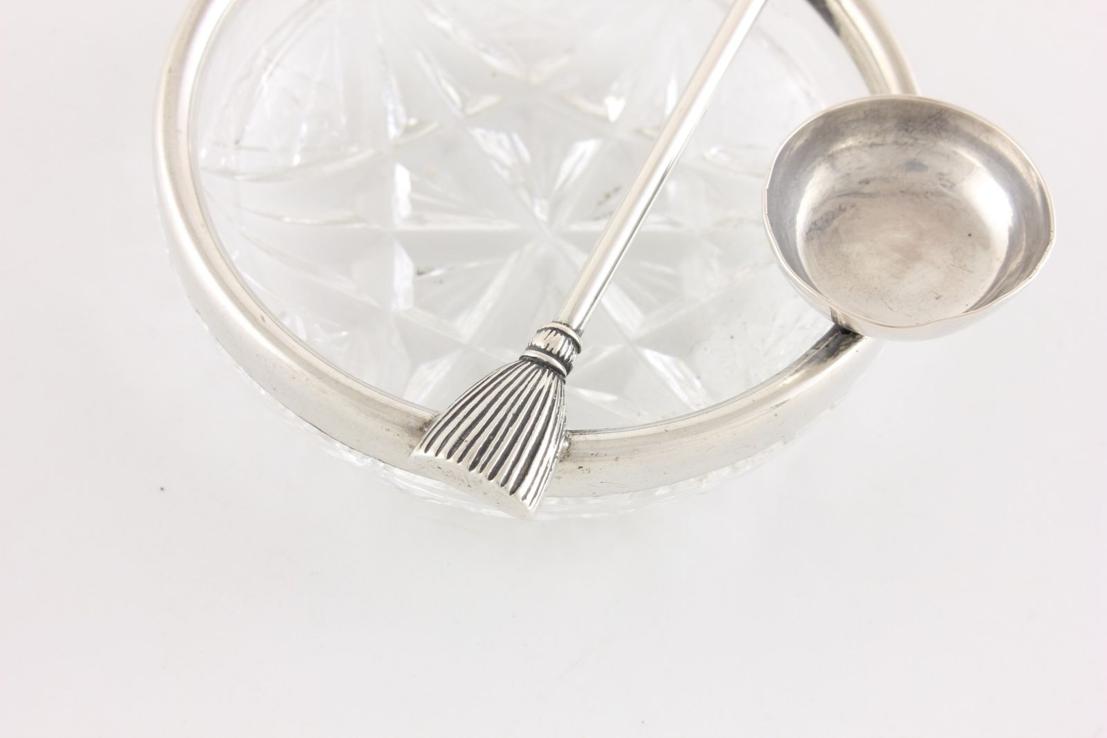 Home Decor Antique Curling Stone & Brush Pin Dish. German 800 Silver & Cut Glass. photo