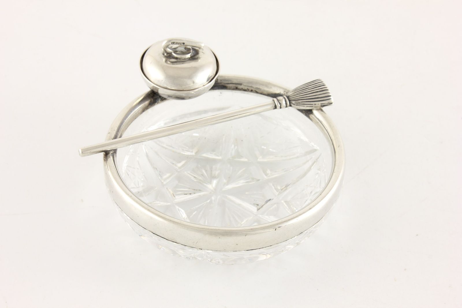 345.0 Antique Curling Stone & Brush Pin Dish. German 800 Silver & Cut Glass. photo