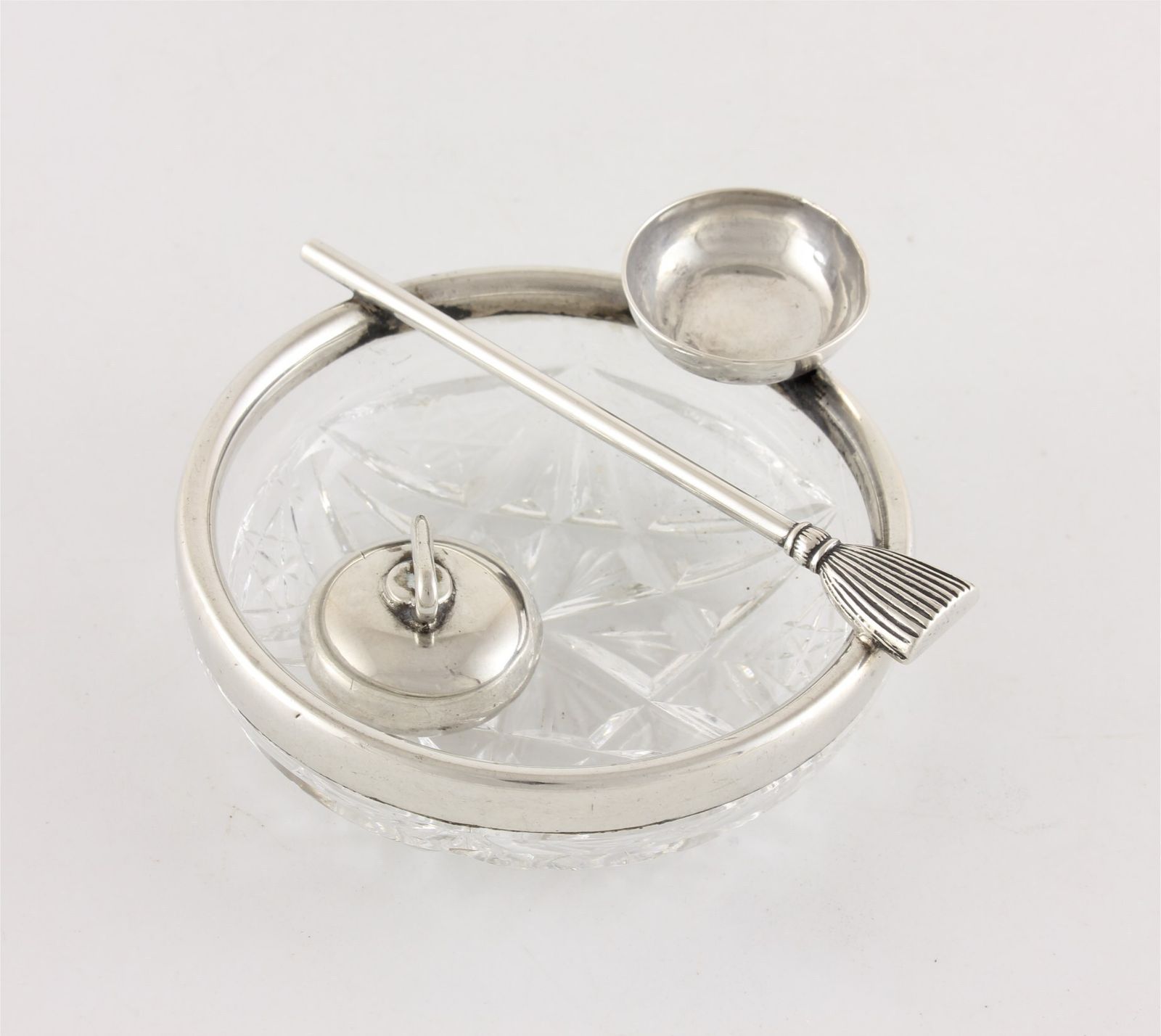 photo buy Antique Curling Stone & Brush Pin Dish. German 800 Silver & Cut Glass.