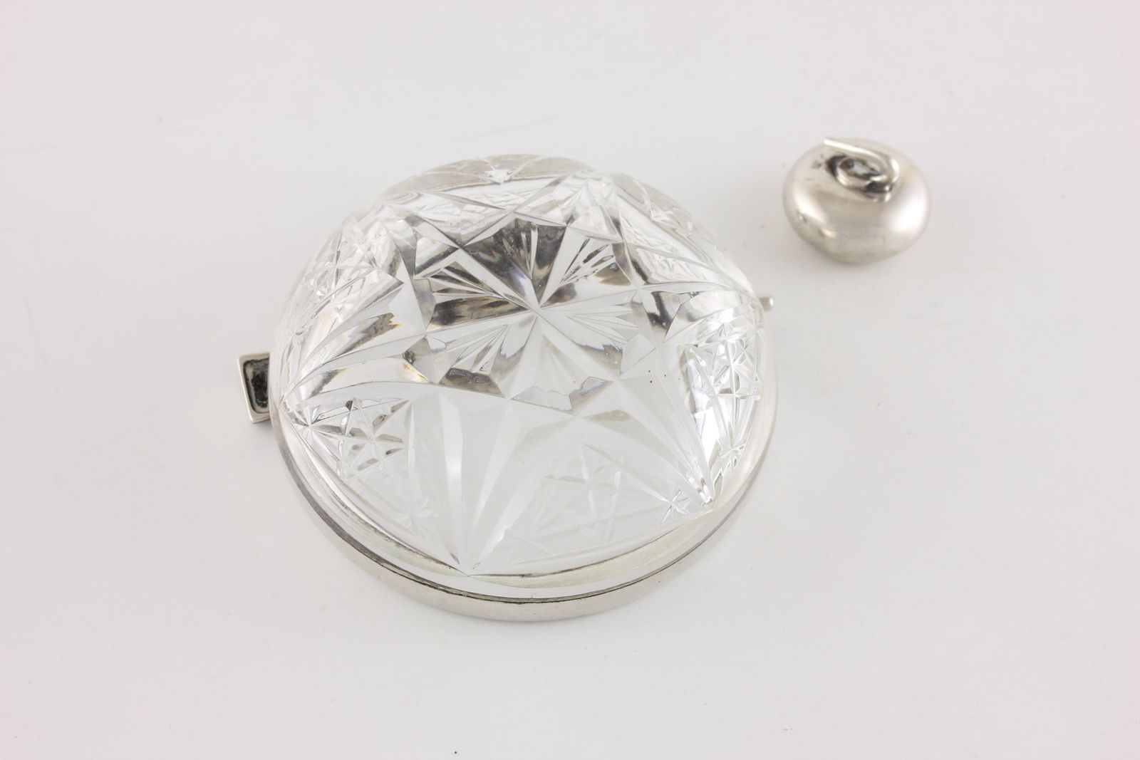 photo vintage Antique Curling Stone & Brush Pin Dish. German 800 Silver & Cut Glass.
