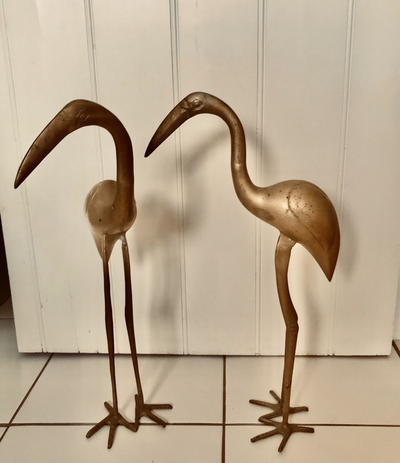 1970’s Pair Of Italian Mid Century Brass Crane Heron Flamingo Sculptures