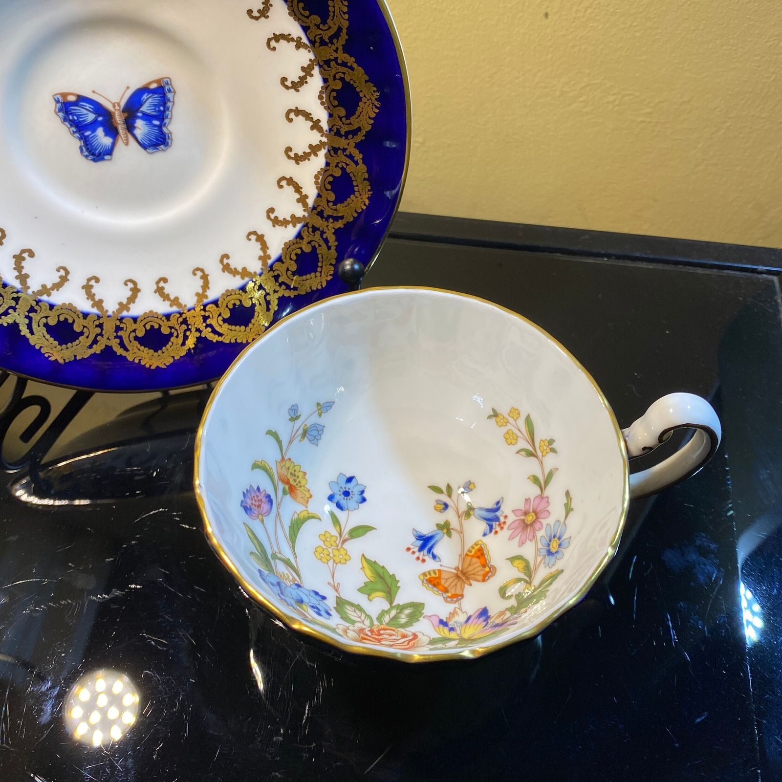 Exquisite Aynsley Hand Painted And Gilded Bone China Teacup & Saucer: Butterfly Garden photo for sale