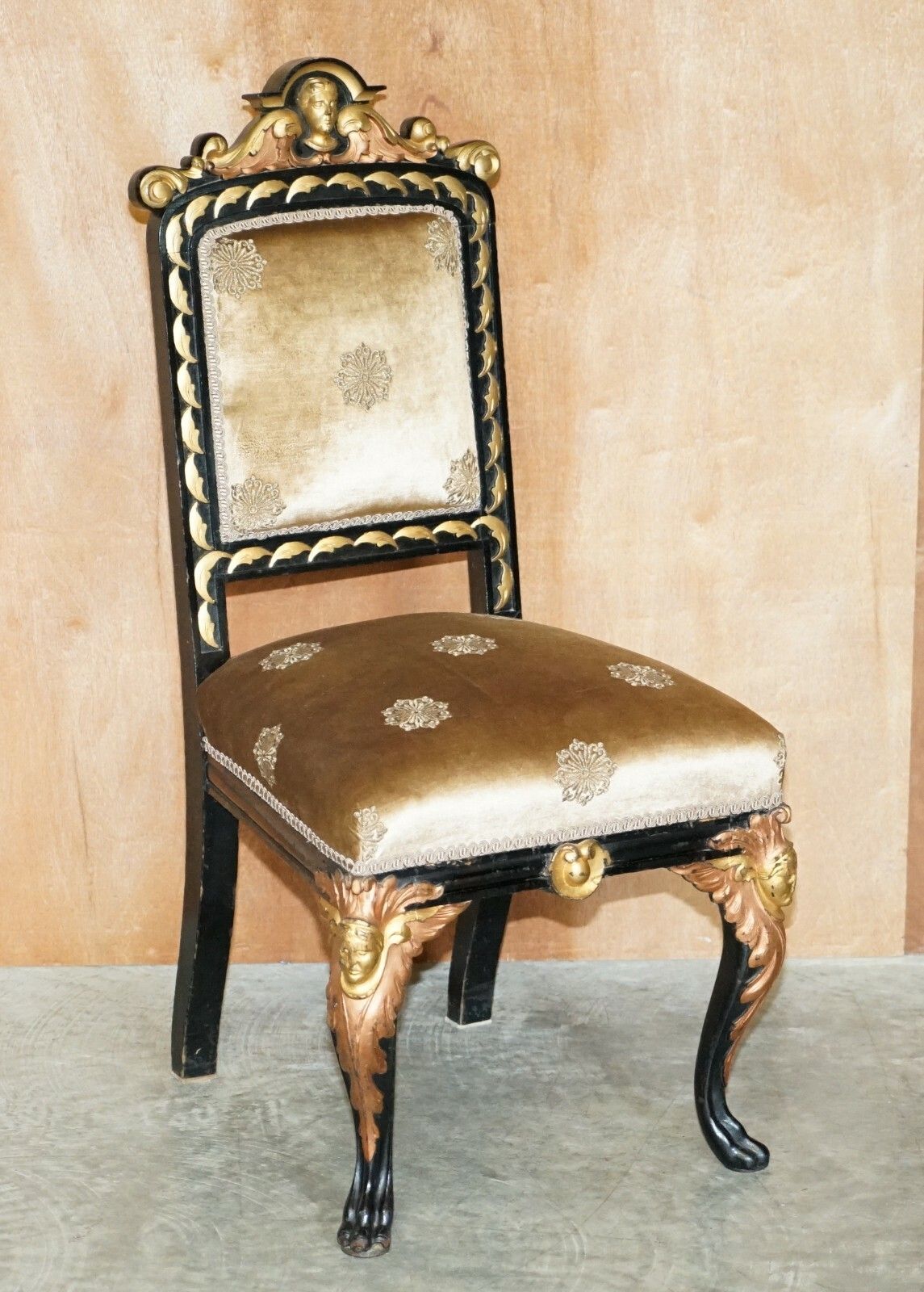 Four Restored Antique Victorian Heavily Carved Ebonised Gold Gilt Dining Chairs photo furniture