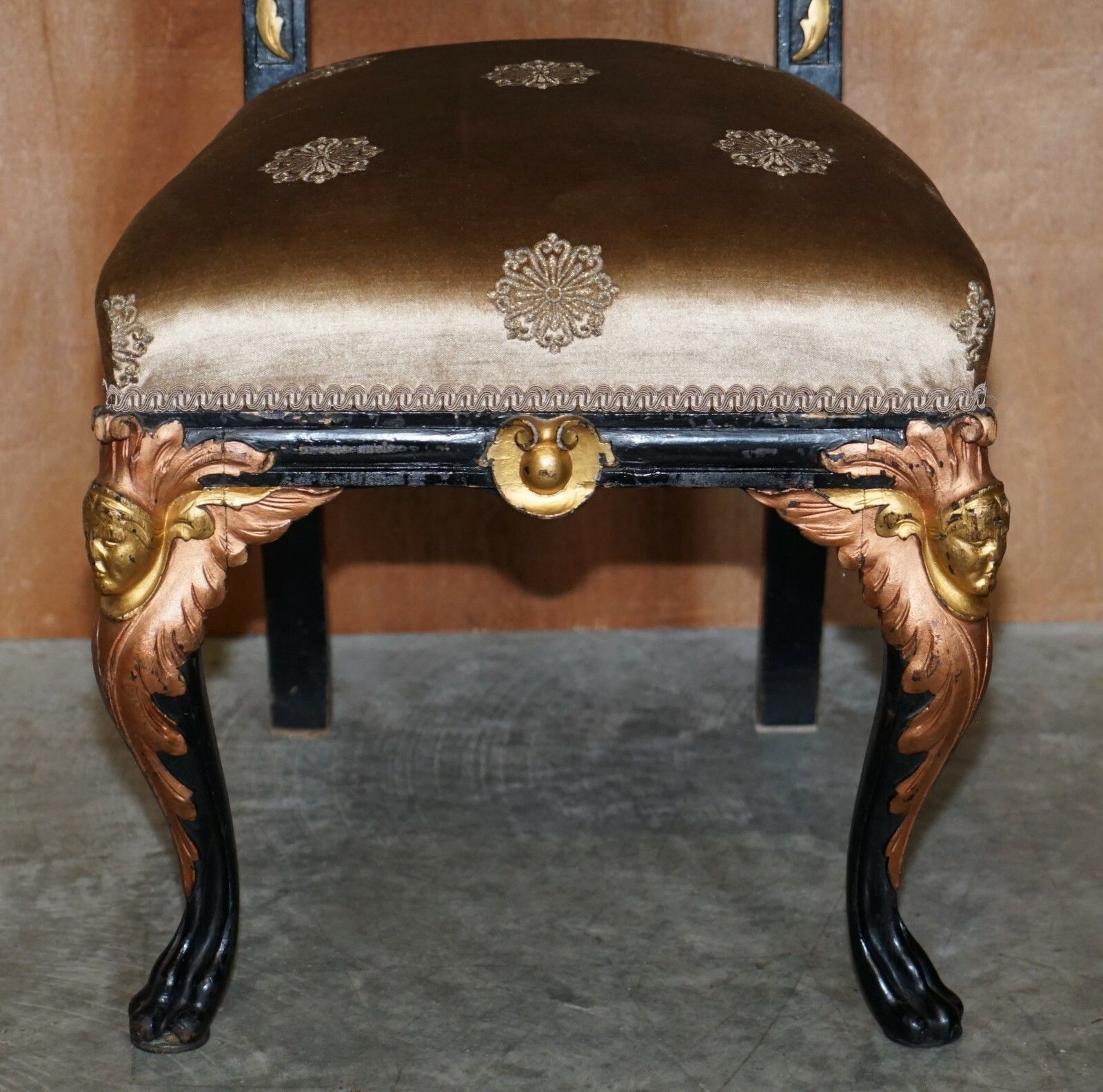 Four Restored Antique Victorian Heavily Carved Ebonised Gold Gilt Dining Chairs photo buy