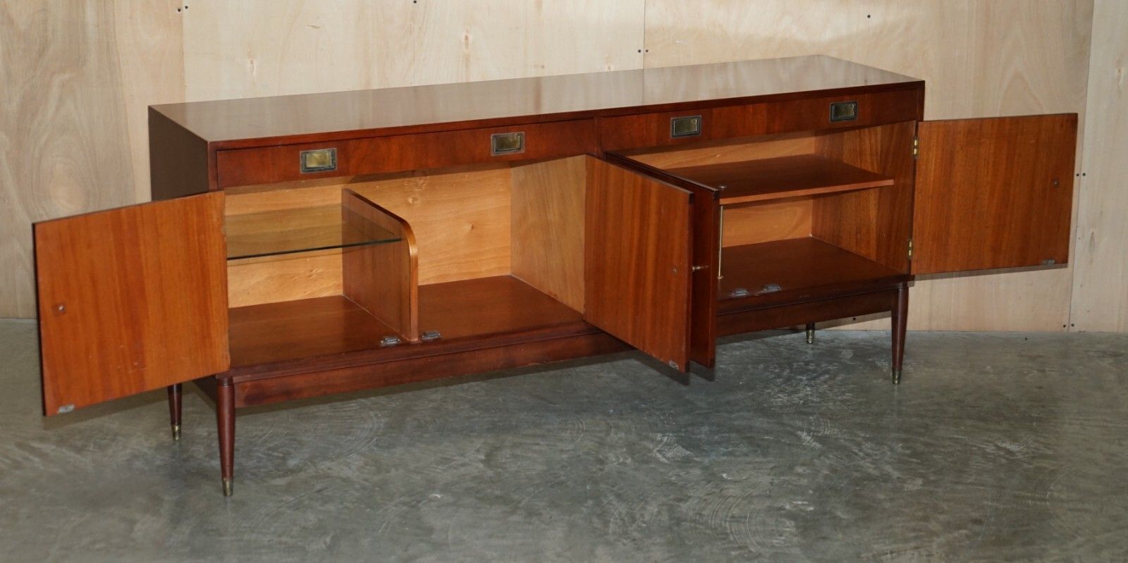 photo furniture 1966 Stamped Greaves & Thomas Mahogany Brass Sideboard Military Campaign Handles