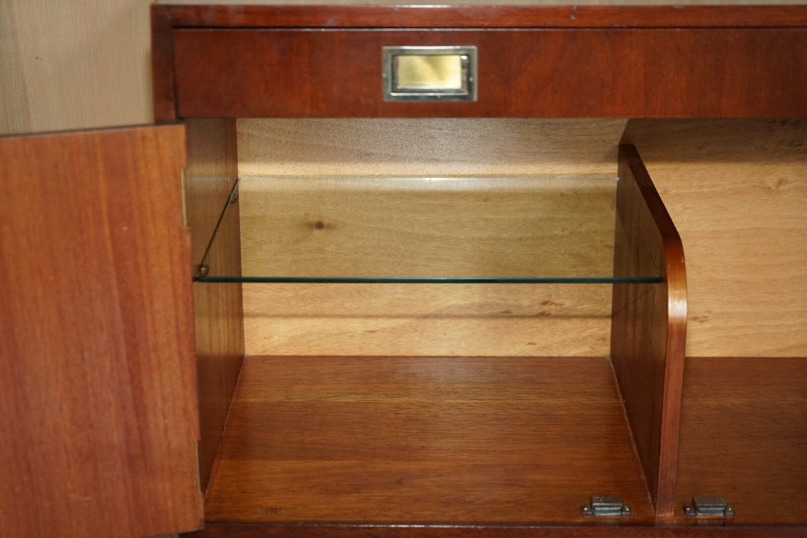 2850.0 1966 Stamped Greaves & Thomas Mahogany Brass Sideboard Military Campaign Handles photo