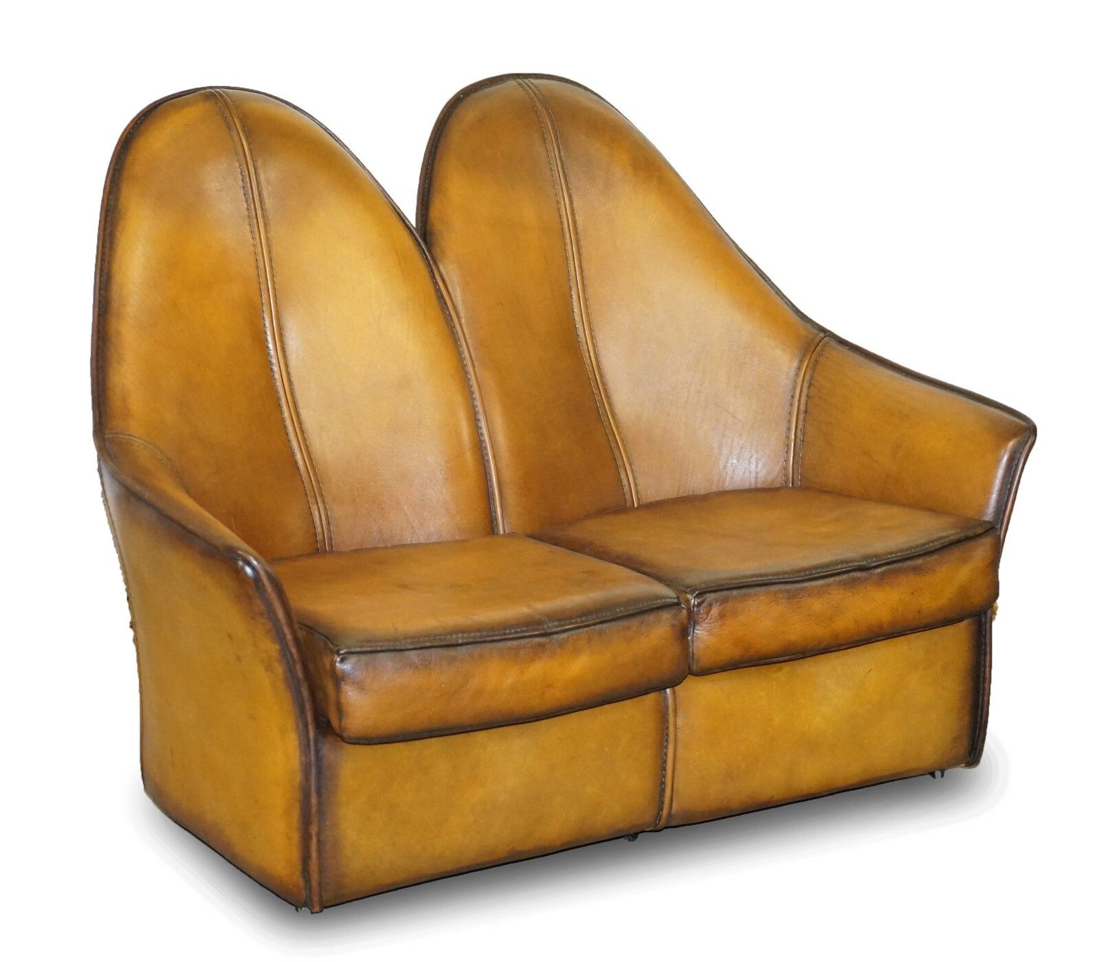 Sublime Fully Restored Art Modern Curved Back Brown Leather Sofa Part Of Suite