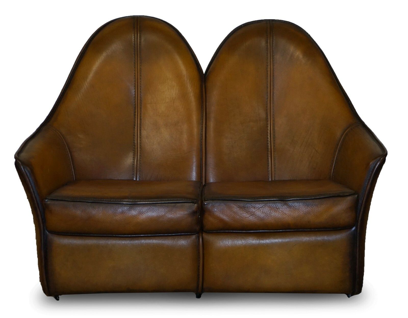 Sublime Fully Restored Art Modern Curved Back Brown Leather Sofa Part Of Suite photo furniture