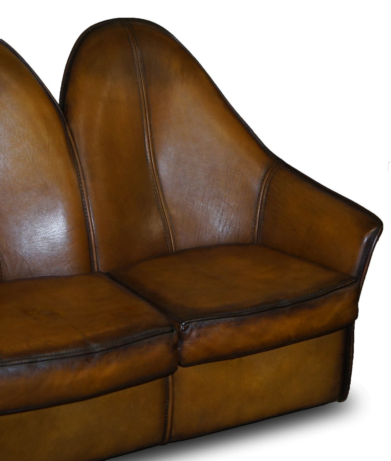 Sublime Fully Restored Art Modern Curved Back Brown Leather Sofa Part Of Suite photo Furniture