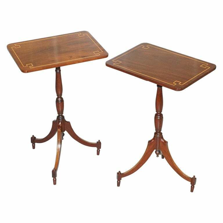 Pair Of Vintage Flamed Walnut & Inlaid Regency Style Tripod Side End Lamp Tables