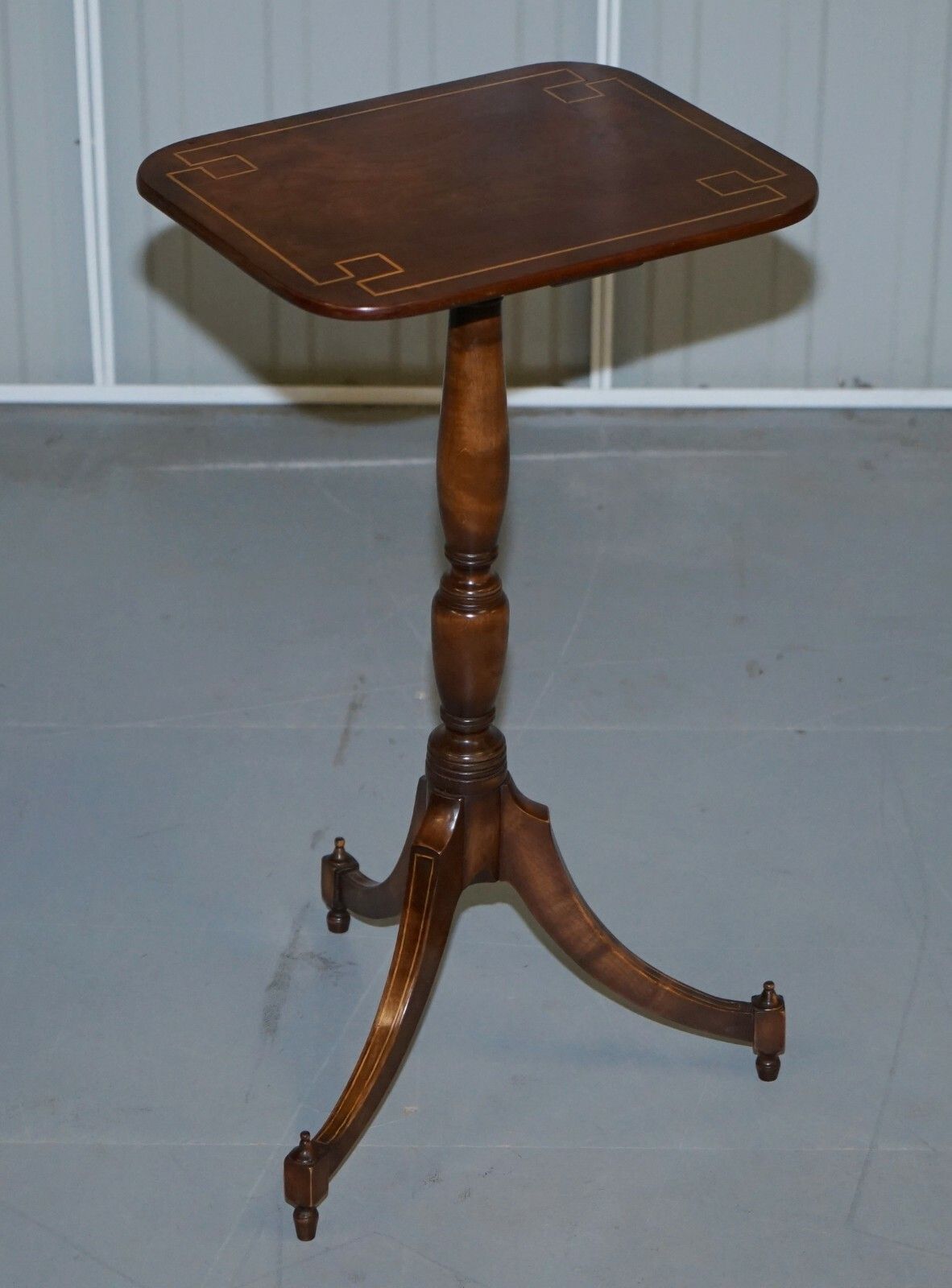 Pair Of Vintage Flamed Walnut & Inlaid Regency Style Tripod Side End Lamp Tables photo for sale