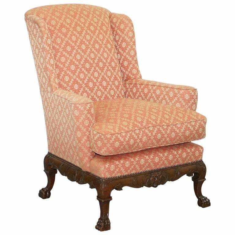 Rare 19th Century Thomas Chippendale Easy Wingback Armchair Heavily Carved Wood