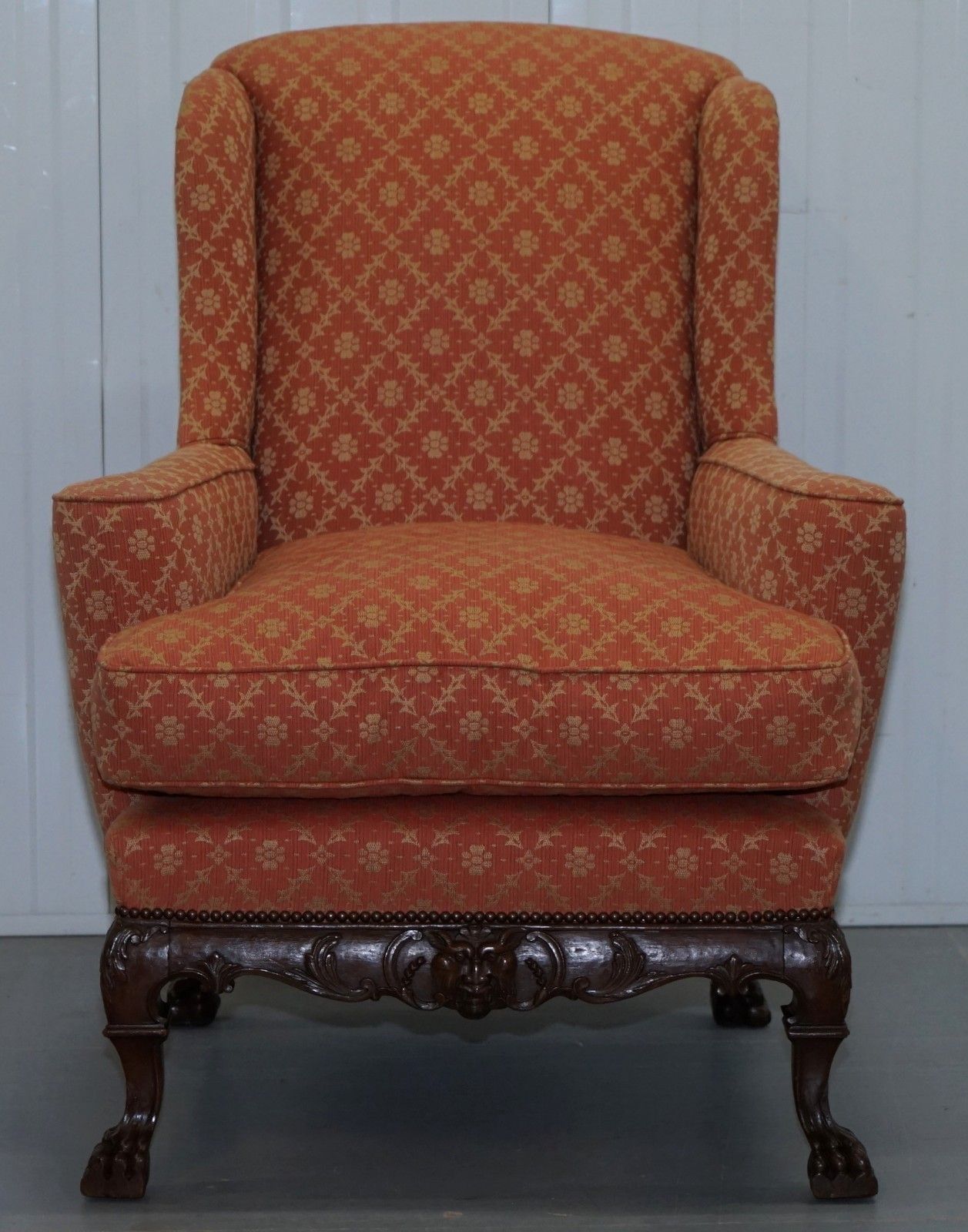 Rare 19th Century Thomas Chippendale Easy Wingback Armchair Heavily Carved Wood photo furniture